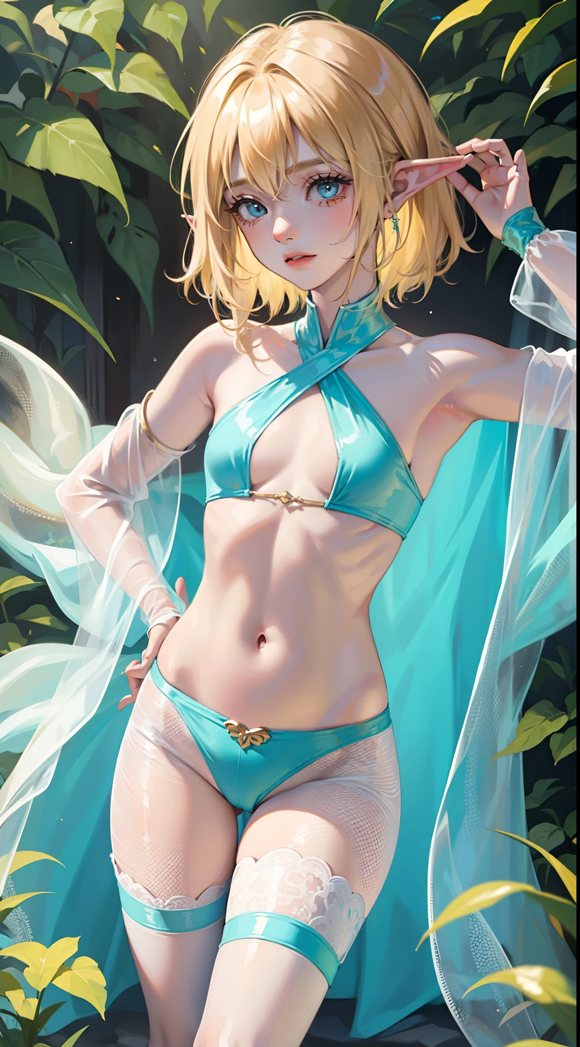 young boy, longue blonde hair, elf ears, turquoise eyes, Yellow in the upper right corner, short, Transparent, open belly, fishnet tights, Masterpiece, hiquality