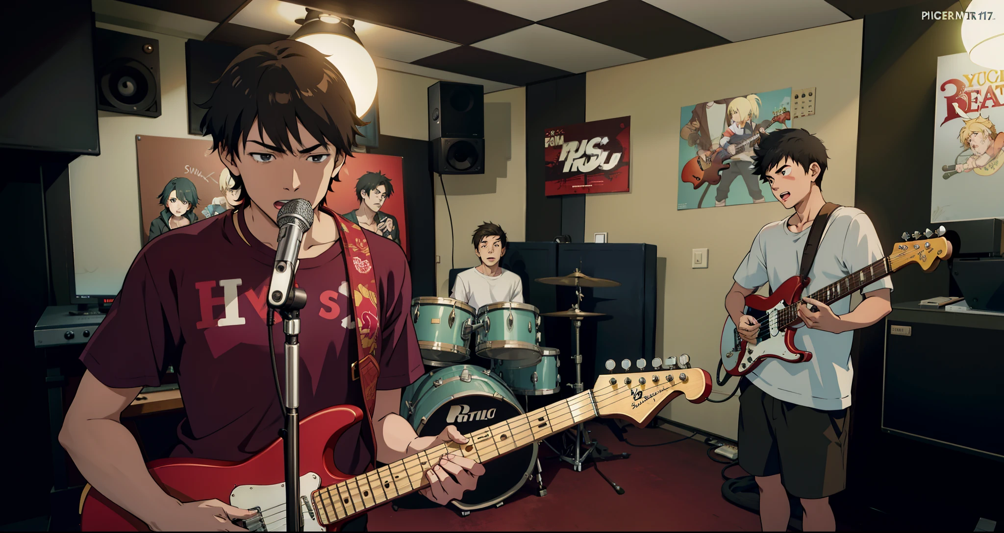 Anime scene Young teenager, rock band, in a music practice session, recording studio room