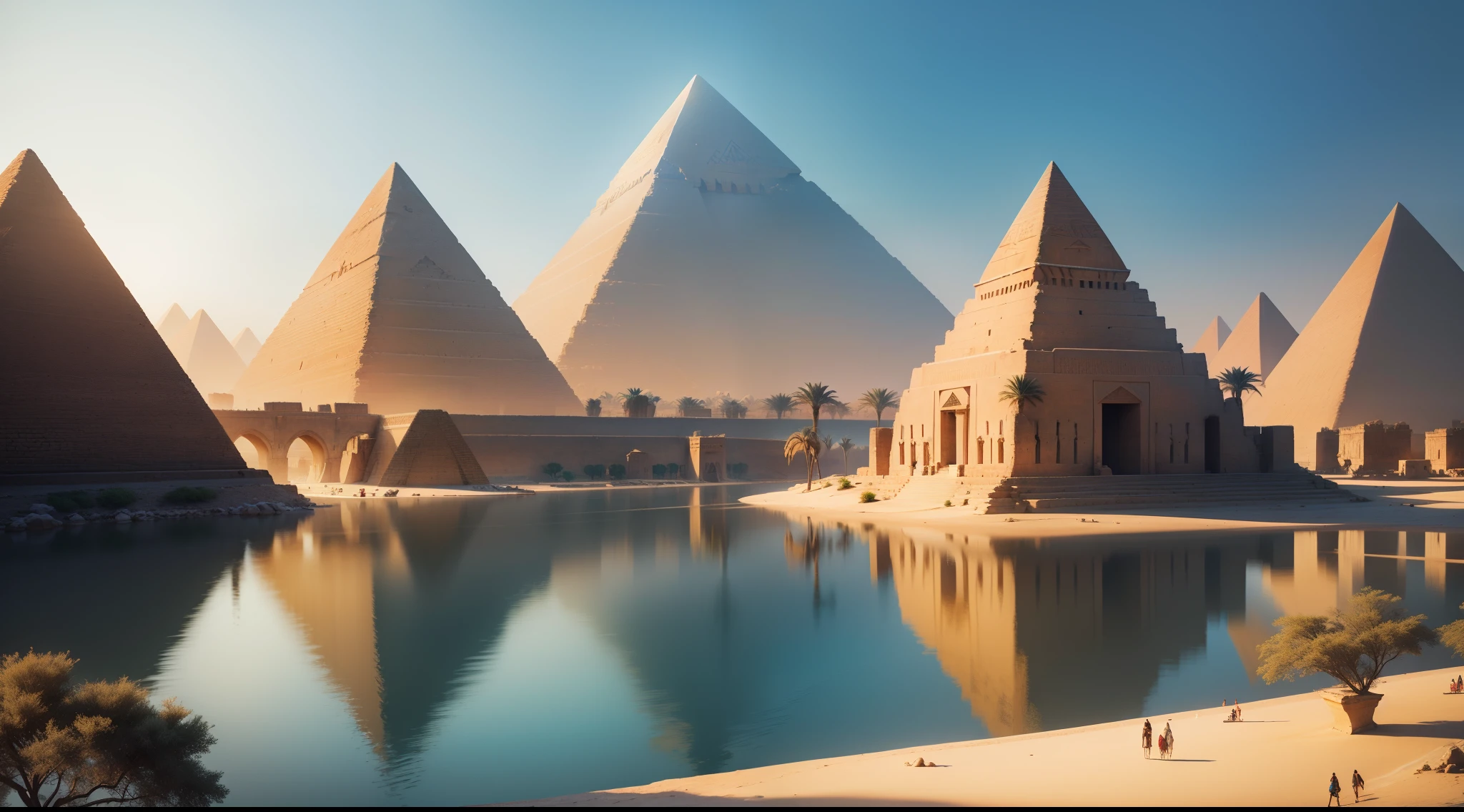 "Envision the grandeur of Ancient Egypt, with majestic pyramids rising against the backdrop of the mighty Nile River."