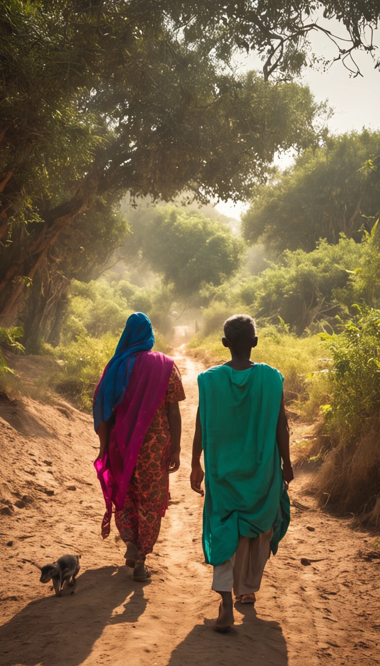 People disciples walking on a dirt road, campos verdes com arvores e vacas ao redor