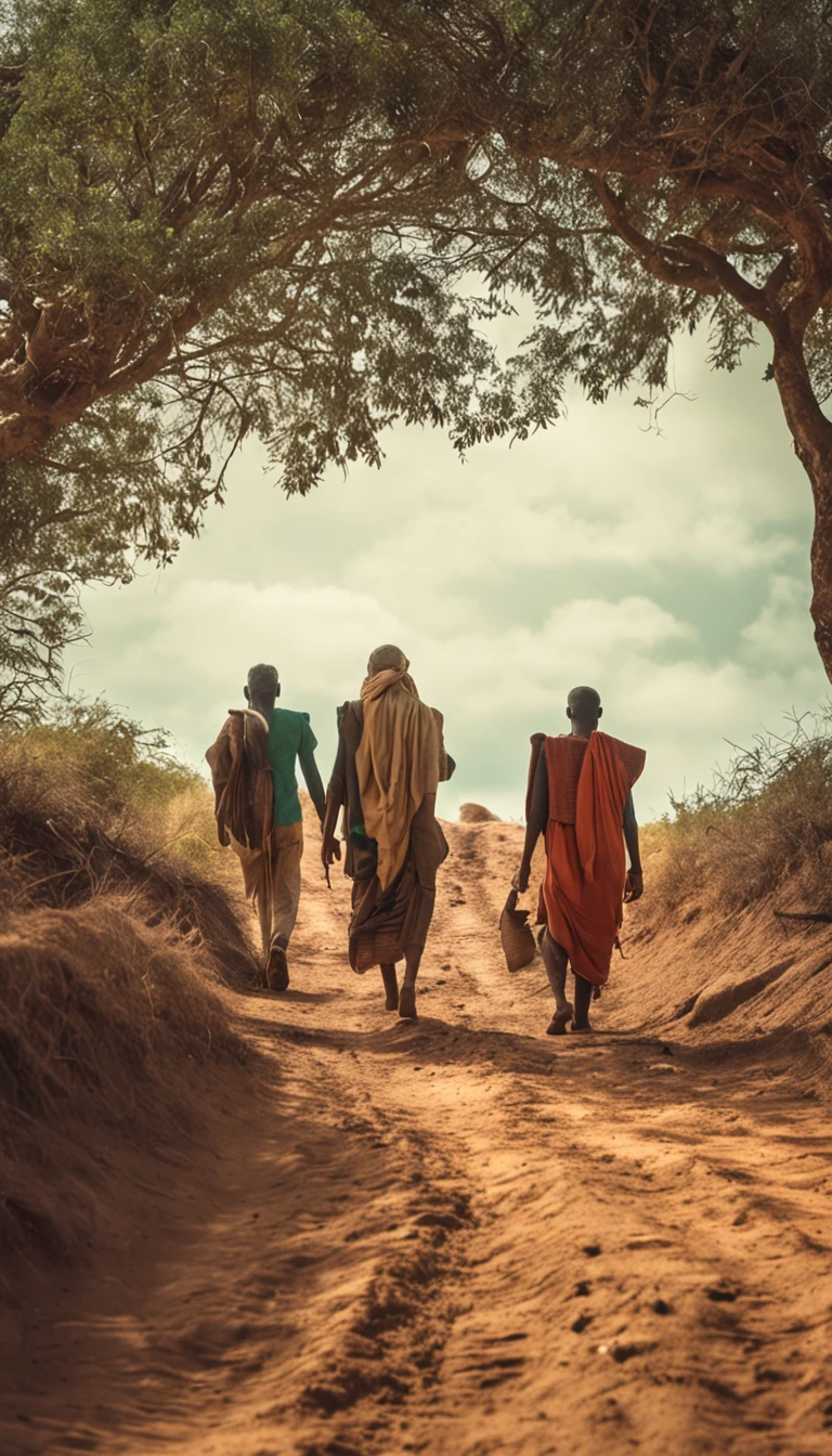 People disciples walking on a dirt road, campos verdes com arvores e vacas ao redor