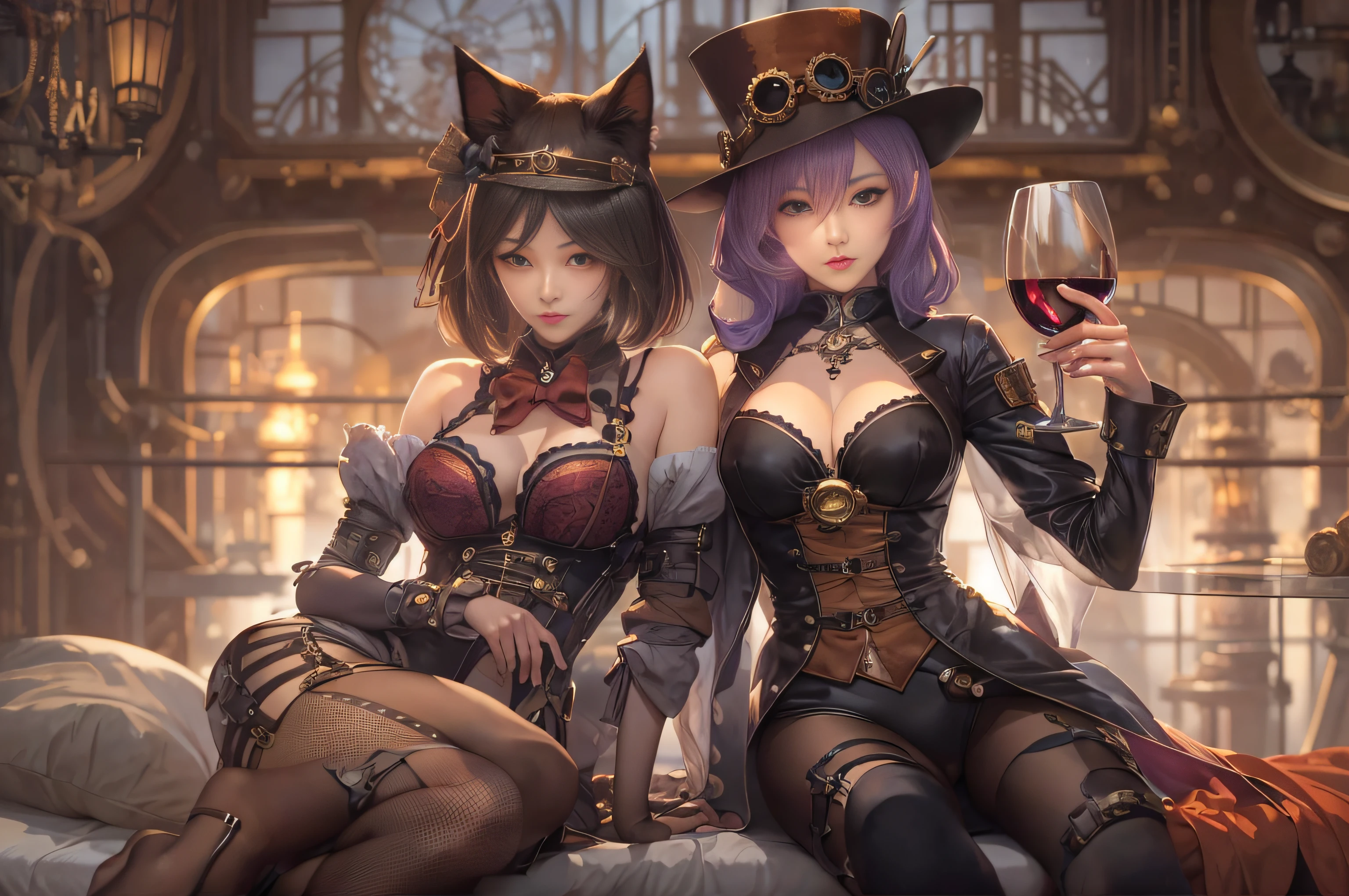 there are 2 girls in a cat suit holding a glas of red wine, steampunk catgirl, candle light, steampunk beautiful anime woman, smal breasts, Art Deco, wlop and sakimichan, ruan jia and artgerm, range murata and artgerm, artwork in the style of guweiz, masayoshi suto and artgerm, like lady mechanika