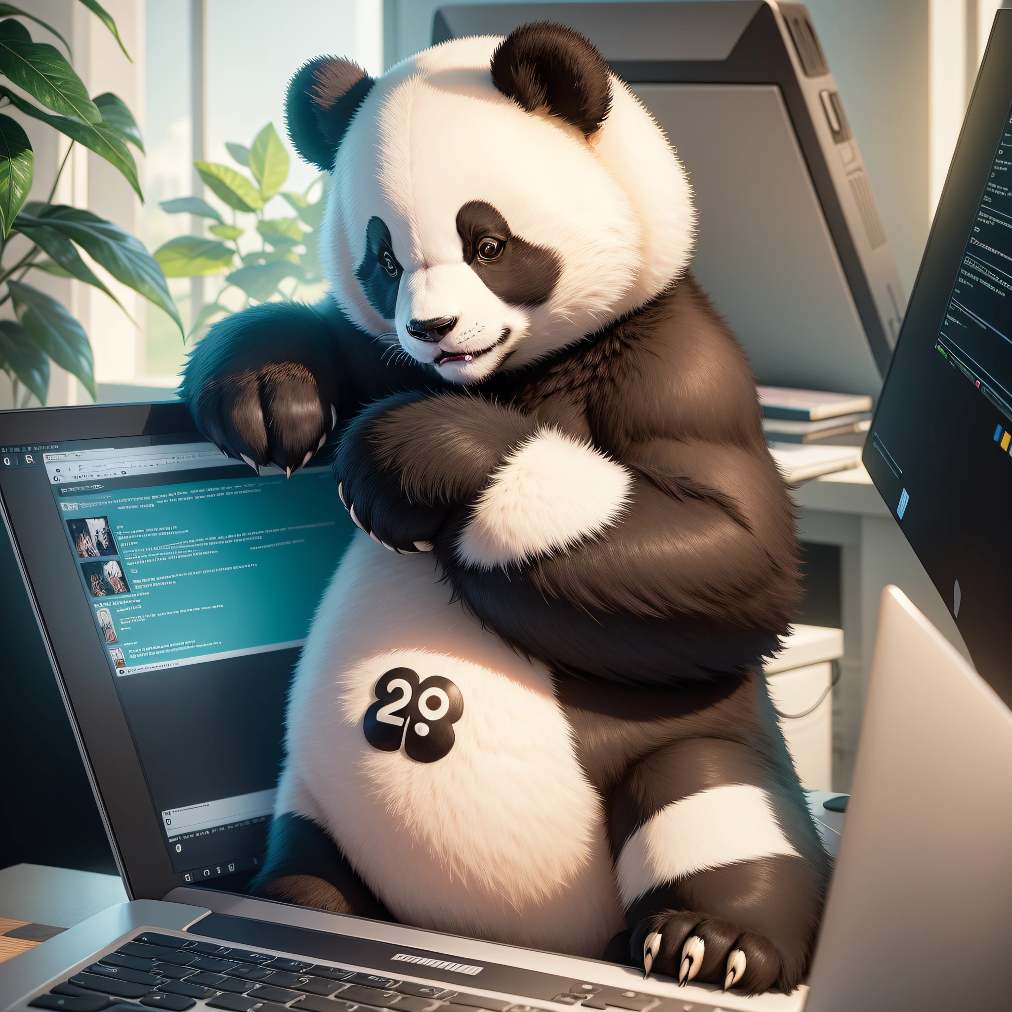 panda bear with details in this color 3ec094 studying on the computer