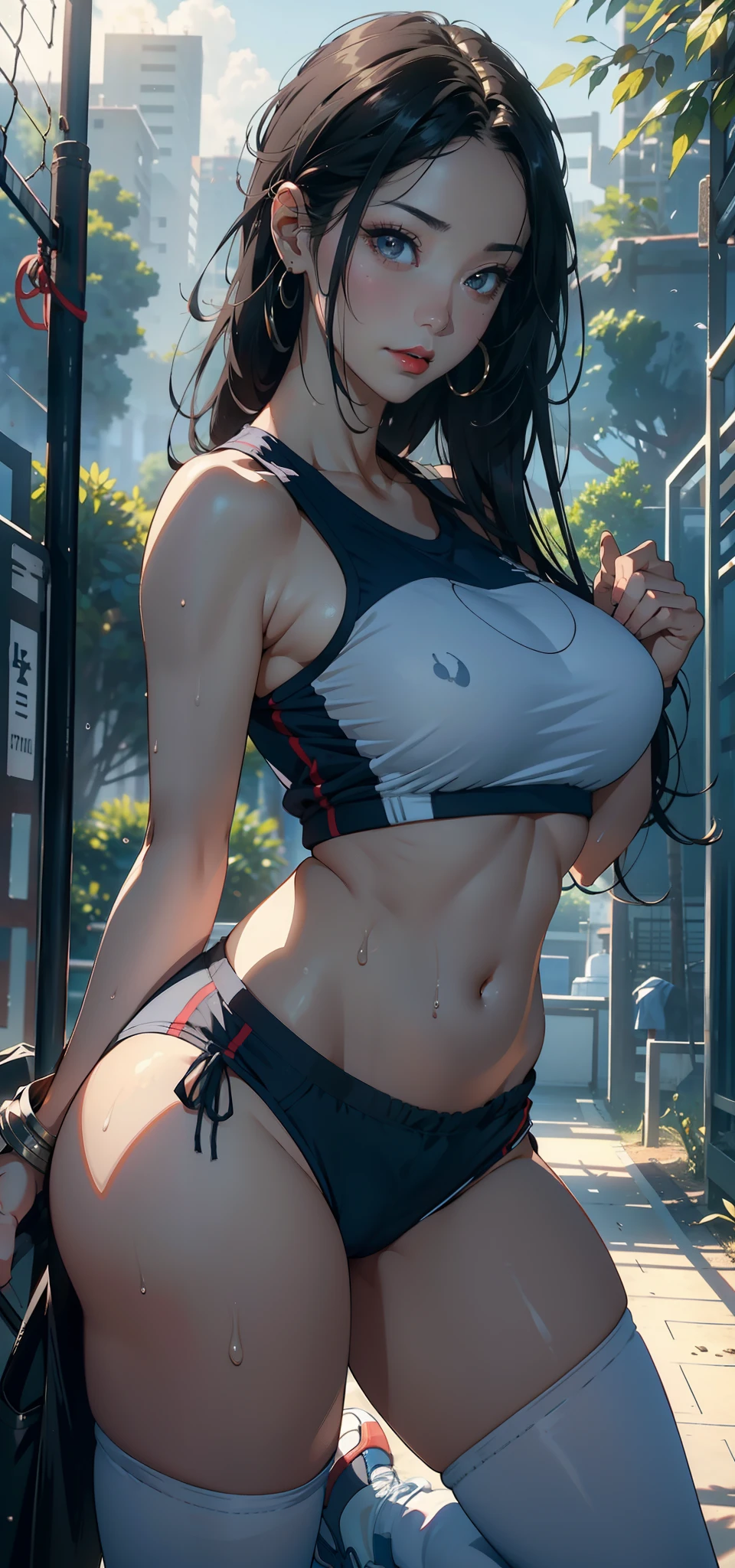 1female,36 years old,熟妇,mature,Bigchest,Big breasts Thin waist,long leges,Raised sexy,Pornographic exposure, 独奏,(Background with:bamboo forrest,basketball playground) She has very short black hair,standing on your feet,Sweat profusely,drenched all over the body,seen from the front, hair straight, mostly cloudy sky,(((tmasterpiece),(Very detailed CG unity 8K wallpaper),best qualtiy,cinmatic lighting,detailed back ground,beatiful detailed eyes,Bright pupils,(Very fine and beautiful),(Beautiful and detailed eye description),Black eyes,Redlip,ultra - detailed,tmasterpiece,)),facing at camera,(The upper part of the body),A high resolution,ultra - detailed),revealing breasts,Bare genitalia, Bulge,legs are open,sexyposture,Camel toes,Flushed complexion,Open-mouthed,frontage,elementary student,(Wearing:Blue basketball sportswear set,Basketball shoes),Full body photo,Show shoes