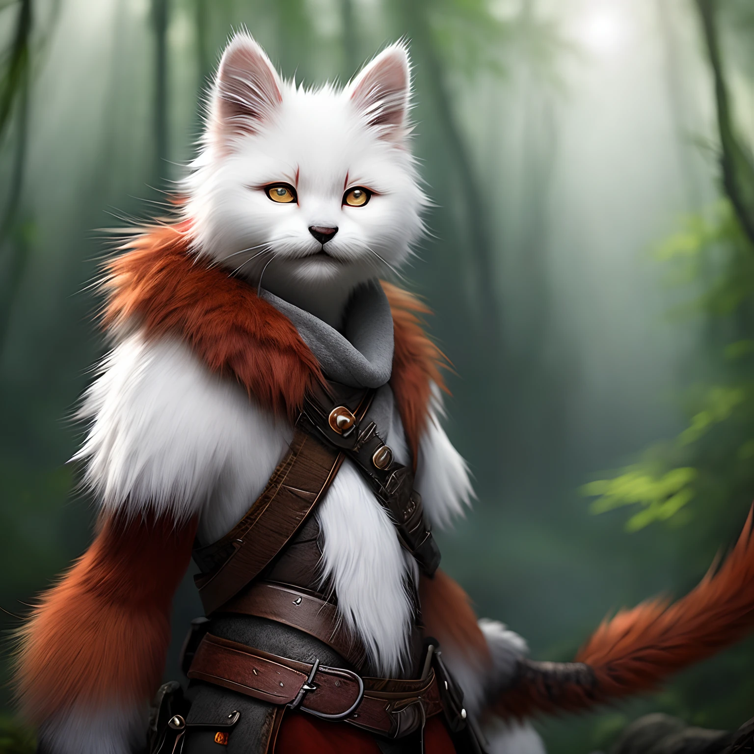 Reddish-brown/Orange-yellow,Furry character with maple leaf on tail
Furry characters,femele,Shy,No clothes on,adolable,Charming,volumettic light,high definition detail,bamboo forrest,small stream,The fog rises,Contour light,Dingdall effect,tmasterpiece(Brighten the environment:0.8),Masterpiece,High quality,abstract res,Digital painting\(artwork of a\), by Dagasi, Yupa,Kiyosan,(anthro,Fluffy fur,Character focus:1.1),anthro male cat,Short hair,Portrait , eyes with brightness, in a panoramic view, Character focus.(detailedbackground:0.7), 独奏, shaggy, Hairy male, Male focus, ,(Full Body Furry, Fluffy tail, White fur, Red eyes, white color hair、Red pattern:1.2), (felid:1.2)