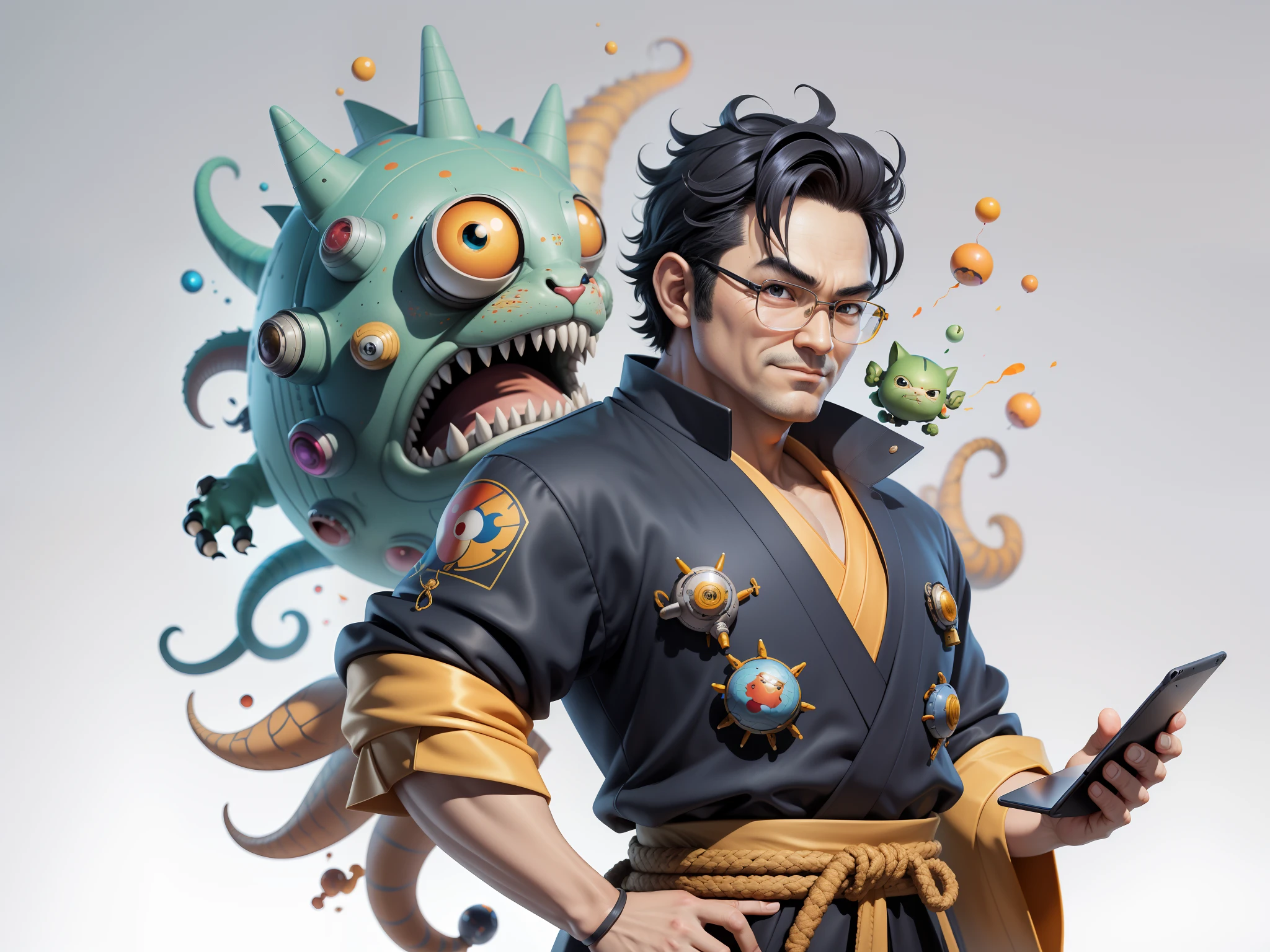(Masterpiece), (Excellent), (Super Meticulous), (Full Body: 1.2), Super Young Man, Oriental Face, Japanese Kimono, Japanese Wind Thunder God, Dragon, Tiger, TV Anchor, Bust Portrait Illustration, Alone, Black Suit, Blue Tie, Slightly Chubby Face, Very Clean Face, No Beard, Black Super Short Hair, Black Eyes, Confident Smile, 3c Computer Sub-Products, iPad, iPhone, Digital Painting, 3D Character Design by Akira Toriyama and Mark Claireden and Pixar and Hayao Miyazaki, The illustration is a high-definition illustration in 4K resolution with very detailed facial features and cartoon-style visuals.