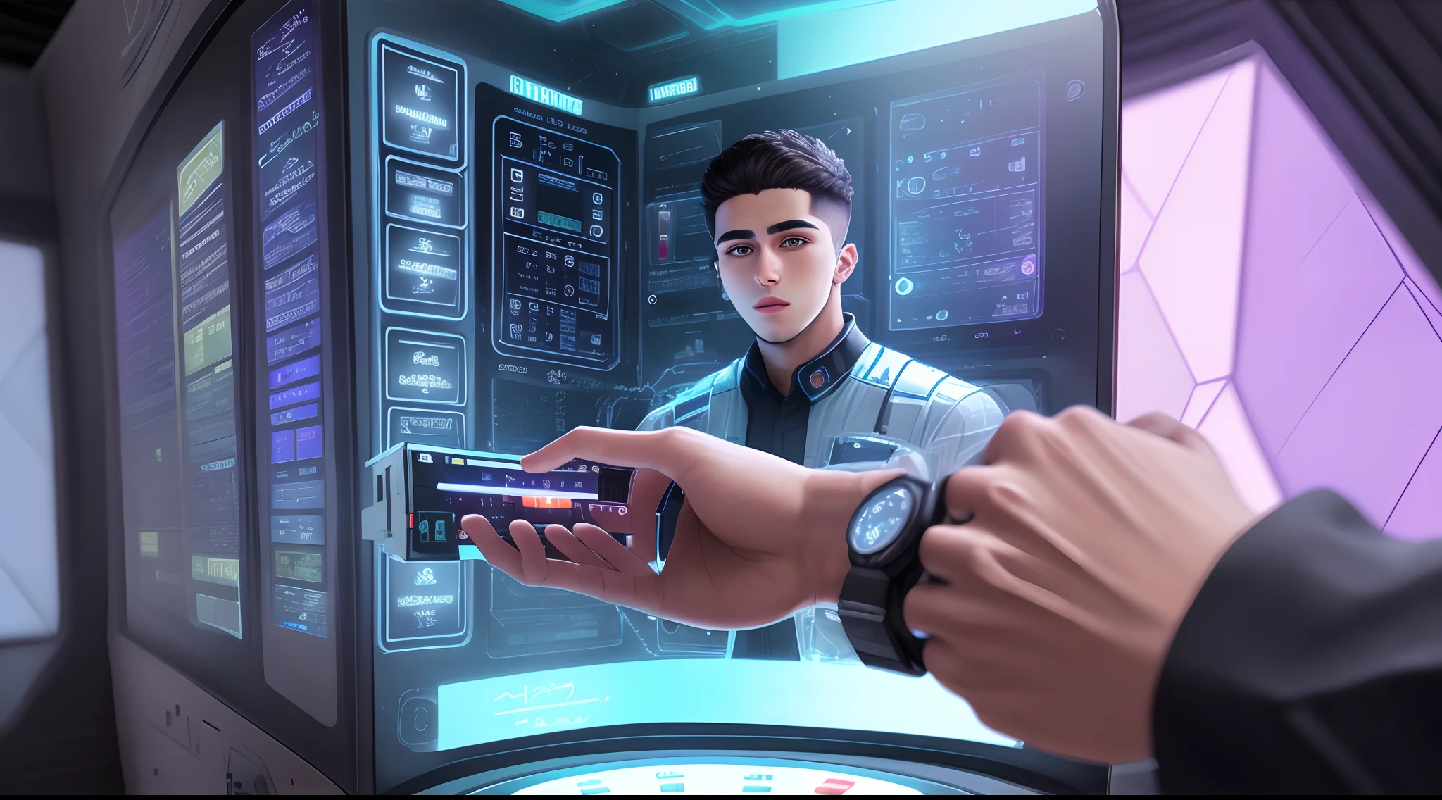 A realistic futuristic scene of a young man with Arab features pressing a button in a control panel full of details in front of a transparent electronic wall consisting of transparent regular hexagonal cells