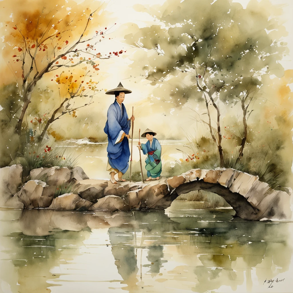 a father and son beside a pond, painting by Yang Yongliang