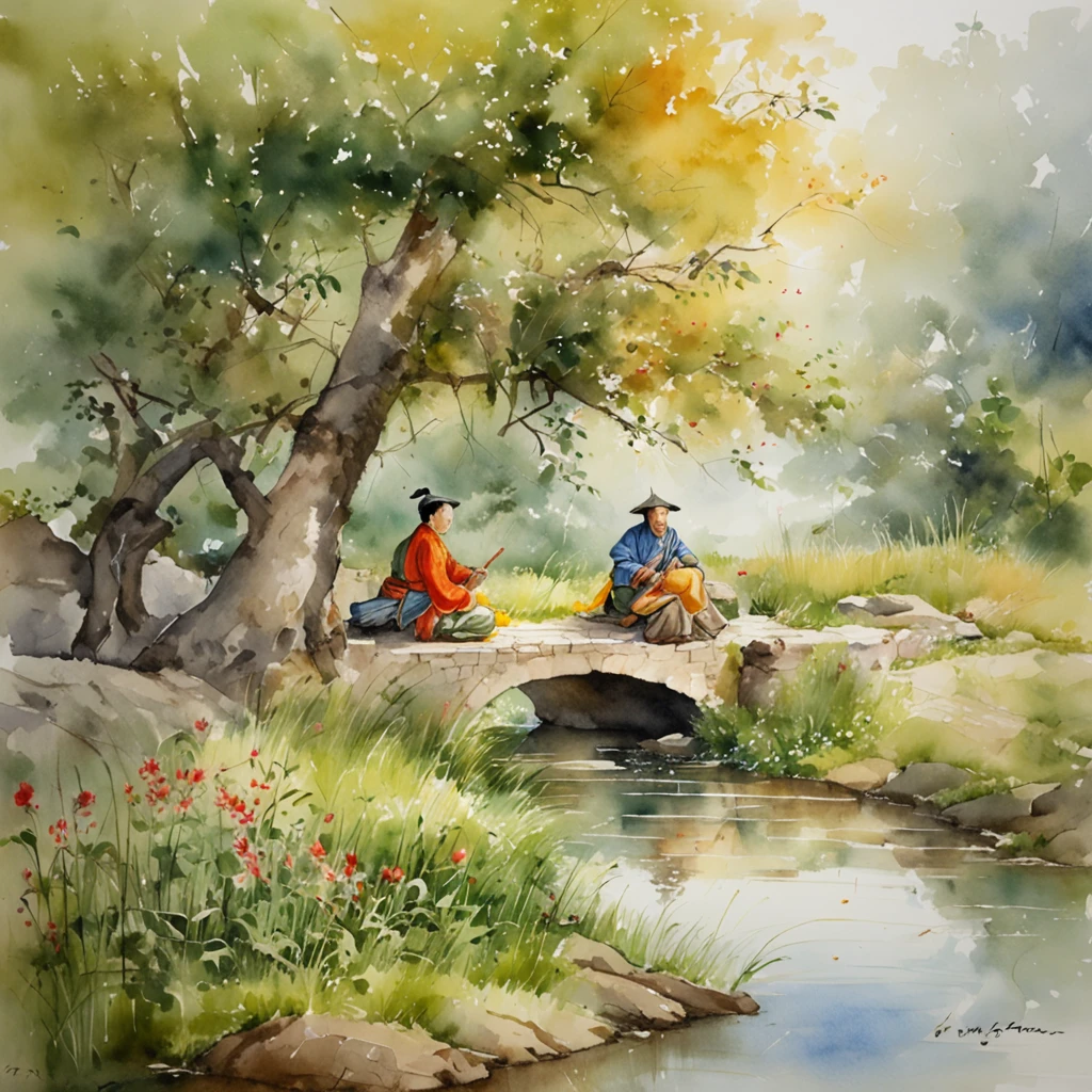 a father and son beside a pond, painting by Yang Yongliang