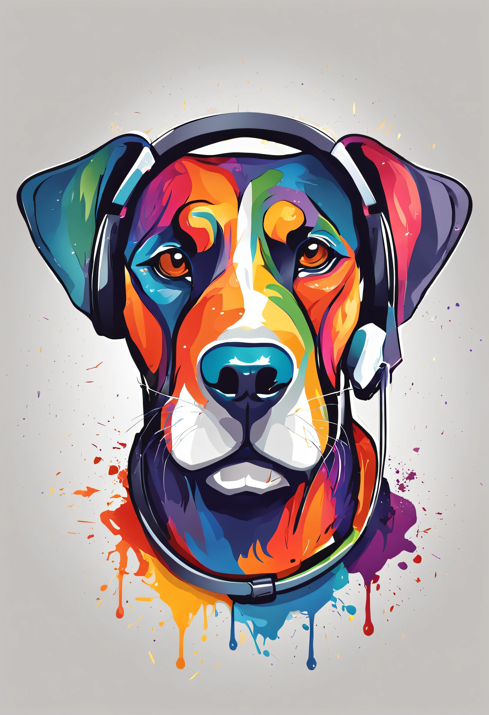 colorful logo, minimalist logo illustration of vector art of a rottweiler head, wearing a headphone, ears down, front facing, magic, sharp design, smooth, monochromatic colorful, dark magic colorful paint splash, t-shirt design, in the style of Studio Ghibli, The design should be in vector art, showcasing the dog. Use Adobe Illustrator to craft the logo with crisp lines and a simple yet captivating look. Keep the design centered on the dog eyes, capturing their uniqueness and charm. The logo should evoke a sense of sophistication and tranquility. Emphasize a low-poly style to add a touch of uniqueness to the whiskers. The overall aesthetic should be sleek and stylish, making it suitable for branding and logo purposes, black background