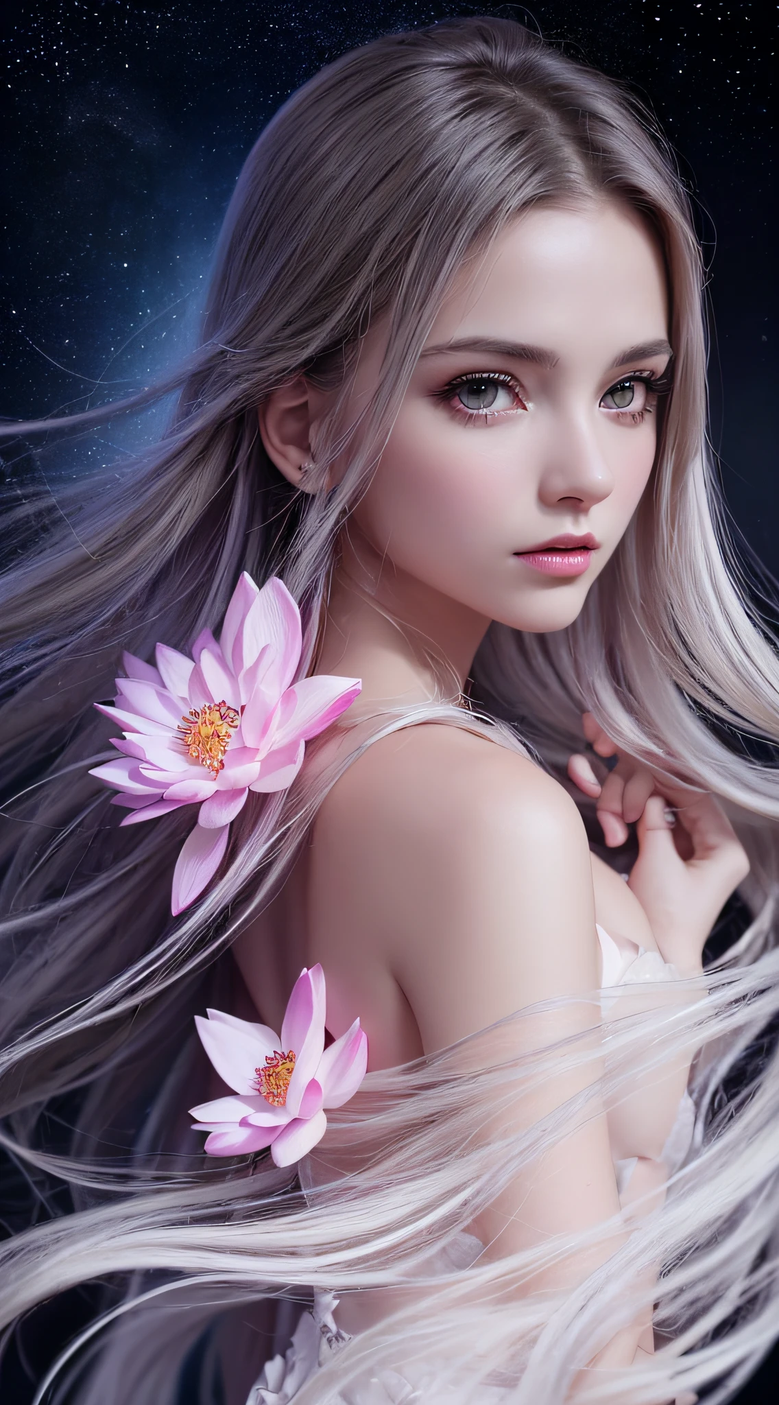 best quality, masterpiece, (realistic:1.2), 1 girl, detailed face, beautiful eyes, (masterpiece:1.2, best quality), (finely detailed beautiful eyes: 1.2), (extremely detailed CG unity 8k wallpaper, masterpiece, best quality, ultra-detailed, best shadow), (detailed background), (beautiful detailed face, beautiful detailed eyes), High contrast, (best illumination, an extremely delicate and beautiful),1girl,((colorful paint splashes on transparent background, Dulux,)), dynamic angle, beautiful detailed glow, full body, cowboy shot, white hair, purple eyes, best quality, masterpiece, (realistic:1.2), lotus flower, glowing, in the night sky, full of stars, very detail, ultra-high resolution, ultra-high quality,