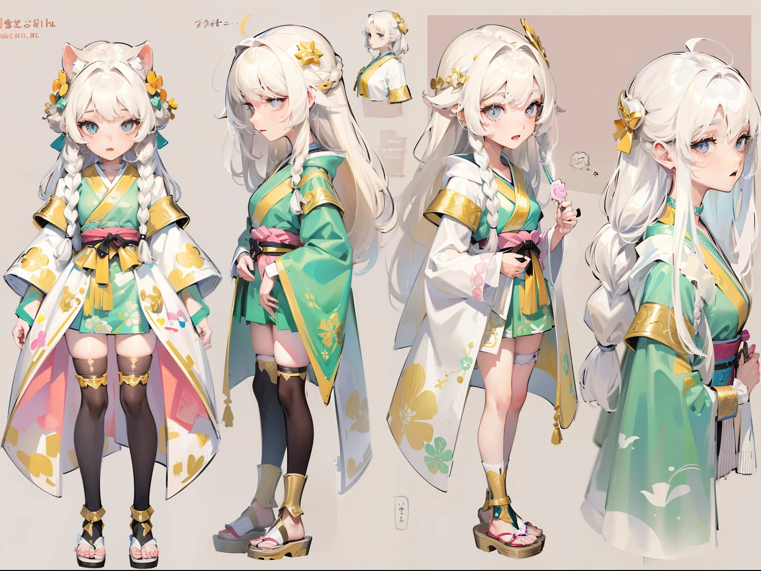 ((Masterpiece, Highest quality)), Detailed face, CharacterDesignSheet， full bodyesbian, Full of details, Multiple poses and expressions, Highly detailed, Depth, Many parts，A beautiful girl with white hair，Shoelaces twisted braids，He wears a blonde hairpin，Dressed in white、Pink and gold kimono，Behind him is a blue-gold cloak，The lower body is wearing white stockings，Bare legged，Light pink pupils，epic exquisite  character art, Amazing characters