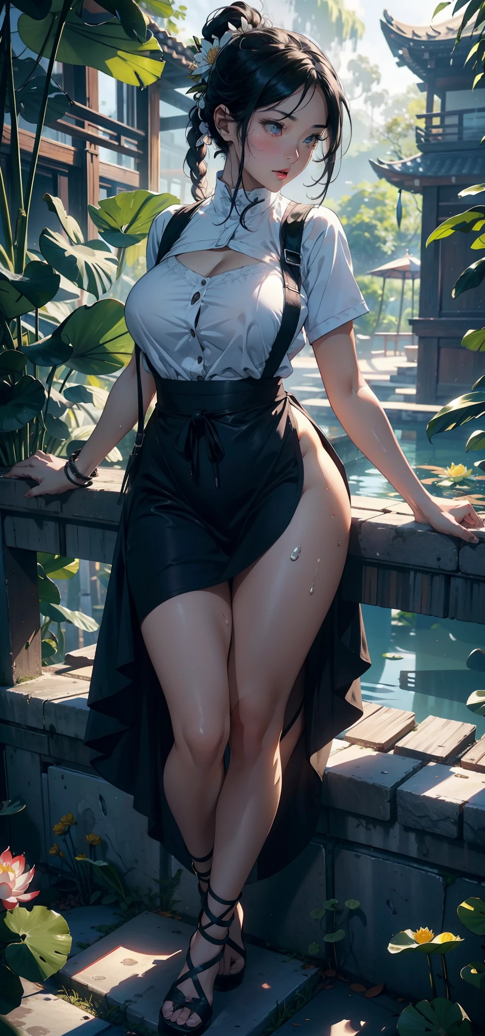 1female,35yo,熟妇,long leges,Big breasts Thin waist,Slim,huge-breasted ,Pornographic exposure, 独奏,(Background with:bamboo forrest,lotuses,lotus flower,exteriors,Lotus pond) She has short black hair,Stand on the stone of the lotus pond,Sweat profusely,drenched all over the body,seen from the front, hair straight, mostly cloudy sky,(((tmasterpiece),(Very detailed CG unity 8K wallpaper),best qualtiy,cinmatic lighting,detailed back ground,beatiful detailed eyes,Bright pupils,Black eyes,(Very fine and beautiful),(Beautiful and detailed eye description),ultra - detailed,tmasterpiece,)),facing at camera,A high resolution,ultra - detailed),revealing breasts,Bare genitalia, Bulge,legs are open,Raised sexy,Camel toes,Flushed complexion,Open-mouthed,frontage,White floral headband,elementary student(Wearing:Sexy apron,fullnude,with no underpants,slippers)Full body photo,Show shoes