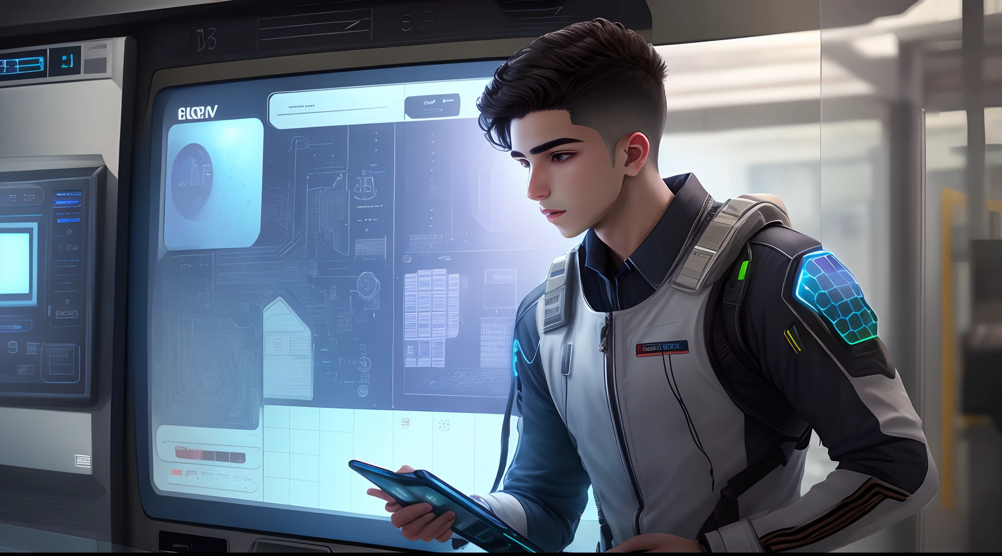 A realistic futuristic scene of a young man with Arab features pressing a button in a control panel full of details in front of a transparent electronic wall consisting of transparent regular hexagonal cells