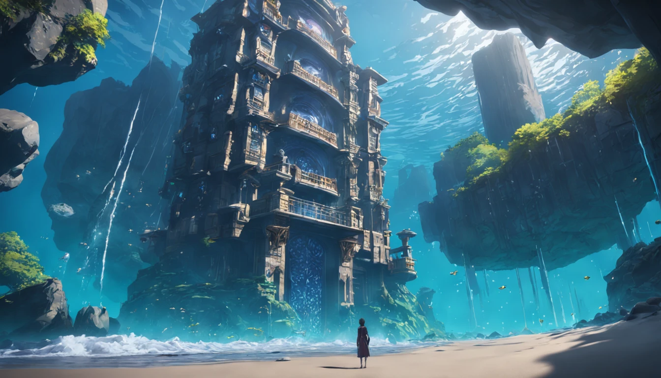 Lost Atlantis under the sea , shot from outside the water, long shot, rendered in unreal engine 5, realistic, high detailed, ultra quality