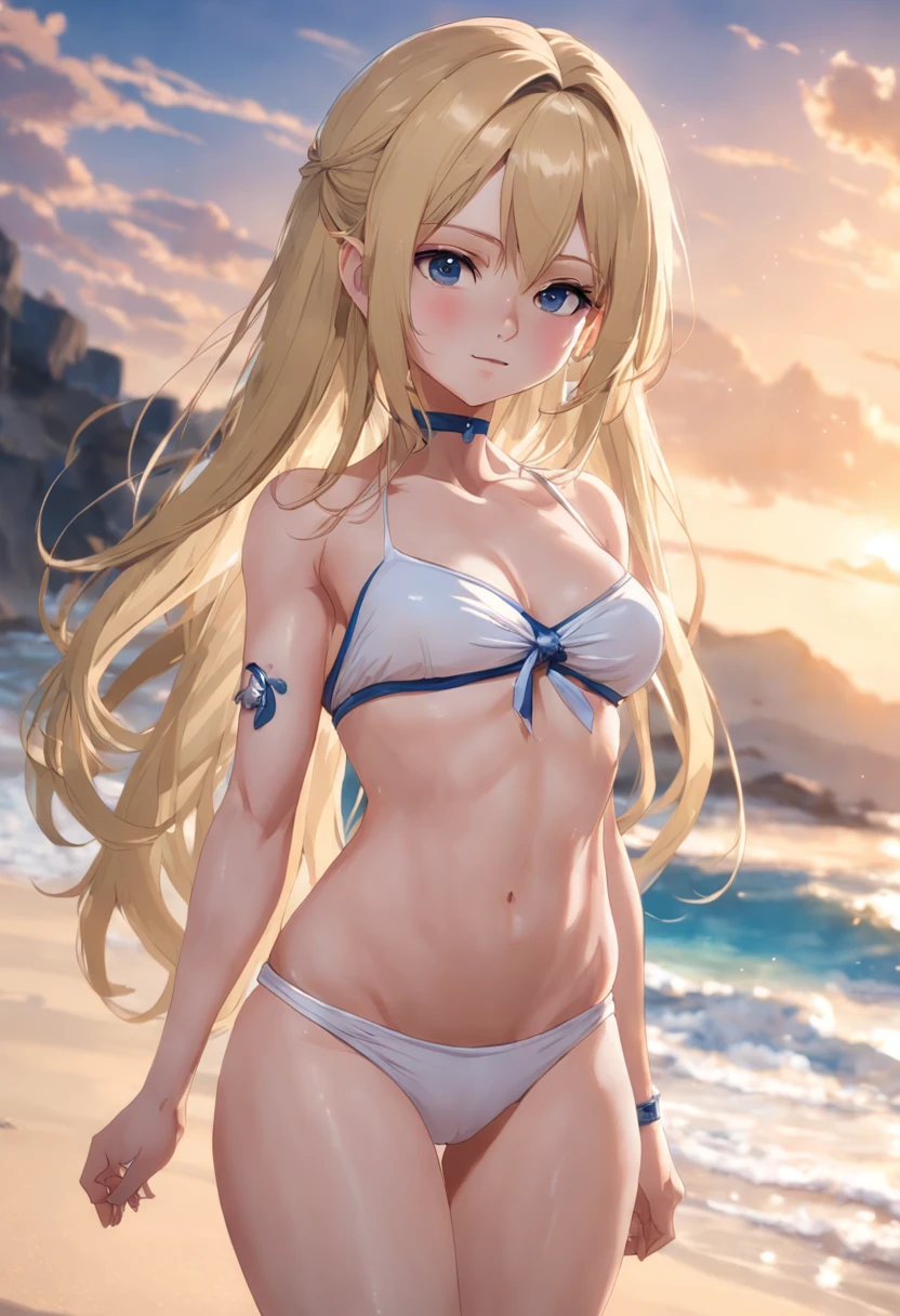 blonde color hair,Long hair that goes down to the waist,Blue pupils,White Skin,best qualtiy,Masterpiece,Girly image,slimfigure,Sweet smile,White Moon,lake scene,elegant white microbikini,tranquility and tranquility,the night, realistic photo, top-quality, a sailor suit, Ultra mini skirt, low rise skirt, White shorts, beautiful thigh, Beautiful belly on, Beautiful facial features, Hi-Res, and18, 1 girl, Android 18, 独奏, blonde hair, blue eyess, long hair, jewely, flat chest, cowboy shot, Street, (校服:1.2), off shoulders, Sunset, Masterpiece, ultra-realistic image quality, best quality, realistic, hyper-detailed, dynamic lighting, high resolution, sharp focus, depth of field, fine details, high details, high quality shadows, beautiful details, ultra HD rendering, accurate, textured skin, high details, high quality, very detailed, high resolution, 8k, photo, photography, real person, a young girl, slim, soft body, Belly buttcute-elegant pose, slightly twisted, gently smiling, (shiny, sweaty skin: 1.4), slim, looking at the viewer, naked flomach, belly-bare, white sneakers, (very tight white tmicrobikini: 1.7), ((transparent clothing)), long hair, blonde hair, (green eyes: 0.5), (eyes with fine details), (small flat breasts: 1.5), A-cup, slhe crotch, wet body, shy face, HD picture quality, realistic picture quality, clean face, fair skin, slender legs, realistic face, (perfect face), exquisite face, (8K:1.2), solo, high-quality shadow, beautifully detailed, outdoor, day, sky, cloud, sunlight, full body, outdoor, day, nautical background, blue sky