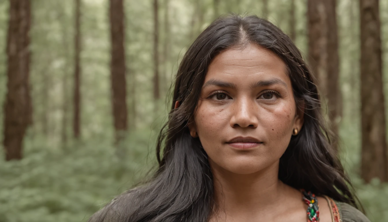 crie um retrato de muma mulher indigena com criancas com um fundo mostrando ocas na floresta