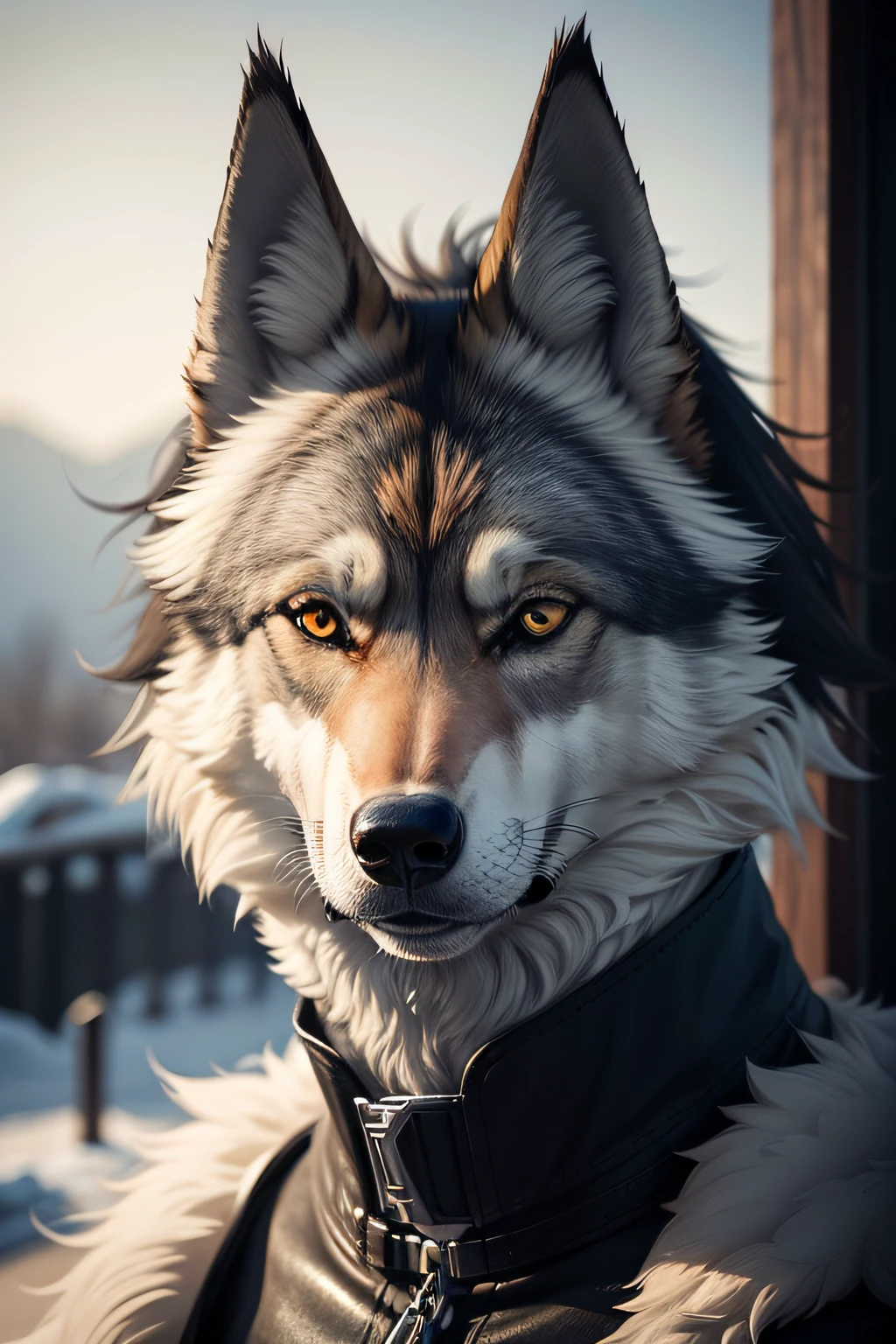 alaskan malamute, masculine, male, feral alaskan malamute, quadruped, feral, very muscular, pectorals, muscular chest, taran fiddler style, chunie style, virtyalfobo style, detailed eyes, white background, wearing harness, proud, serious face, angry eyes