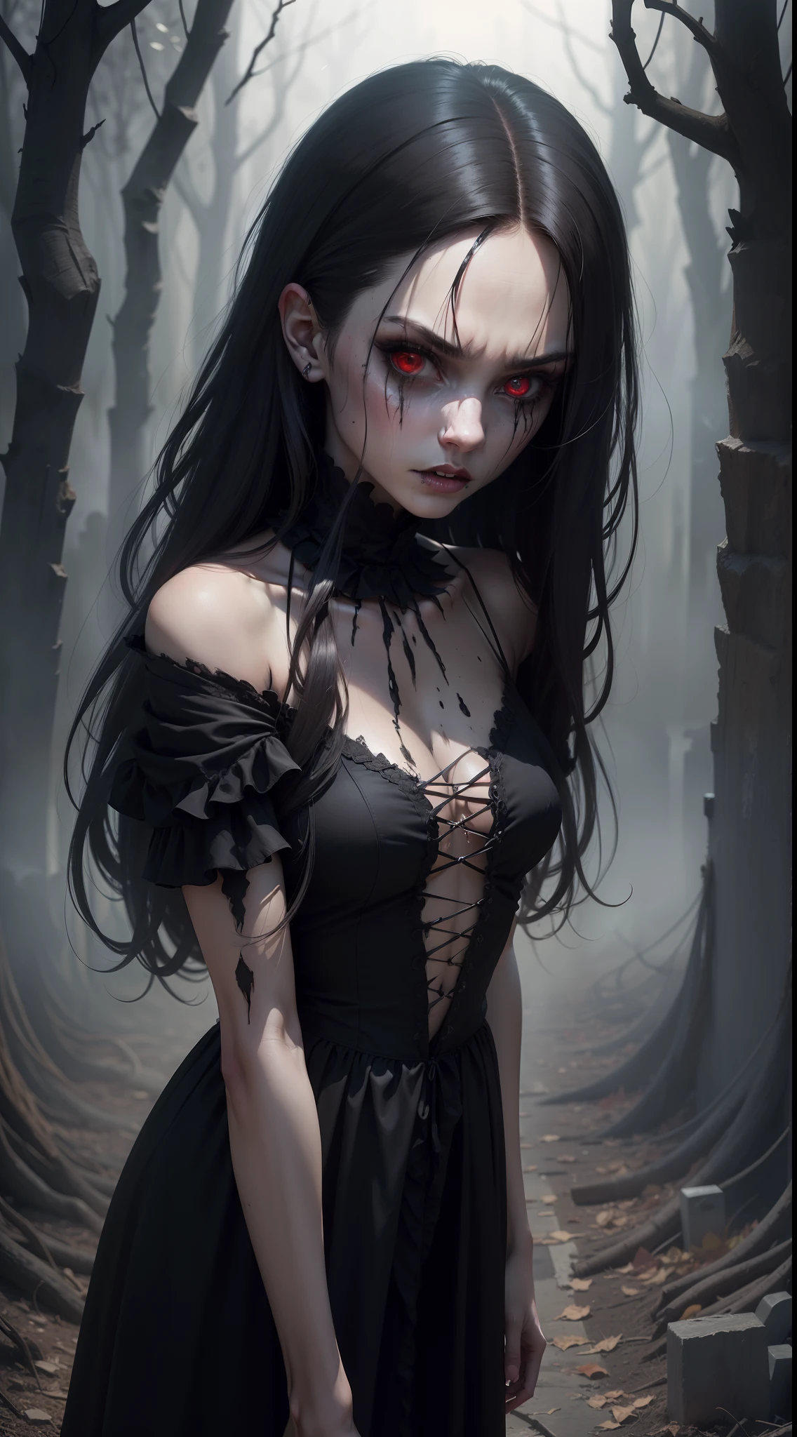 A very pal humanoid character, with red eyes, her name is (The Englewood Witch), she is crazy, nuts, horror, she is creepy, she is scary, shock value, very evil, she is skinny, evoke, fear, terror, dread, she is a Psycho, dark, unusually thin, thin, scraggly, emaciated, twisted, frightening, sick, solo, close up, (messy_long_dark_hair), fog, evil eyes, eyes glowing, (she is wearing a very dirty old torn_black_dress), fall weather, dusk, rising from her grave, full body, floating in the air, vampire, 1600s