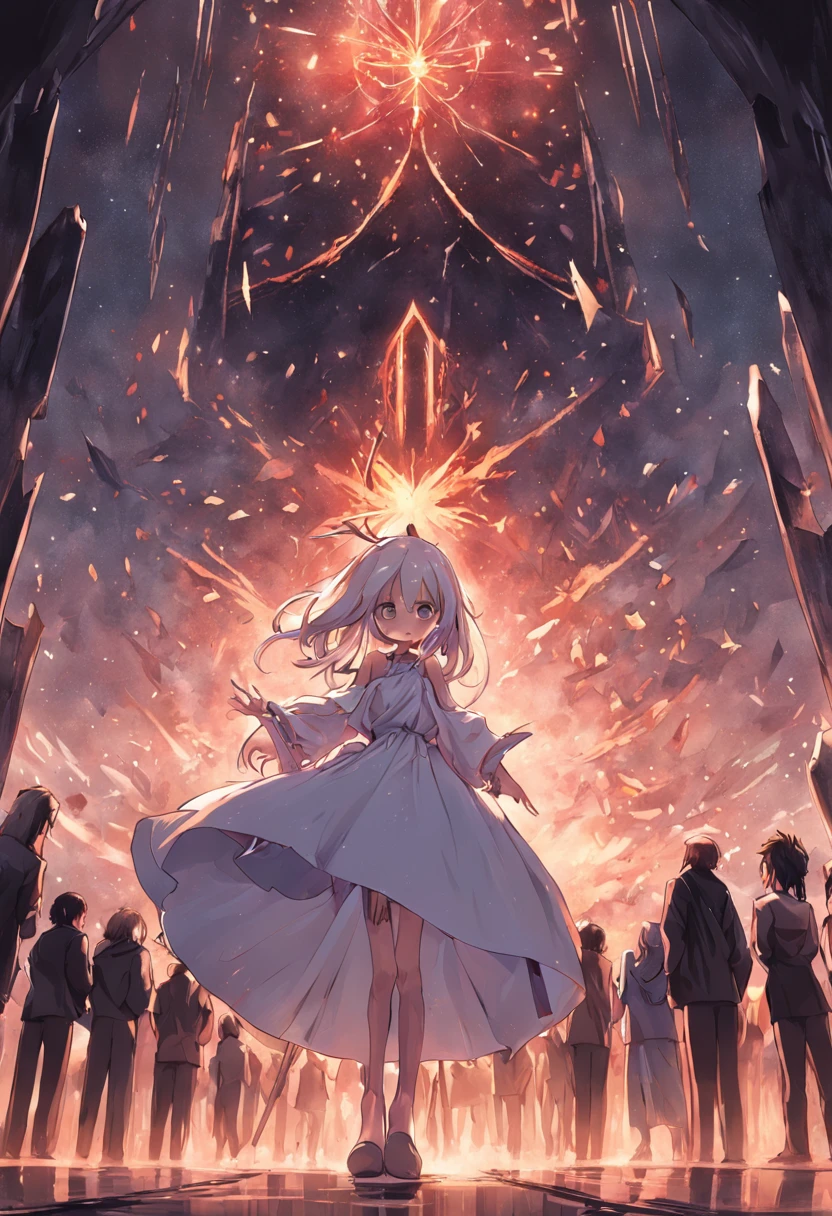 ((melhor qualidade)), ((piece of master)), ((rosto perfeito)), uma menina inocente com cabelo preto, wearing flawless white dress, ajoelhado em frente a uma mesa mais baixa, segurando uma vela, Doing a Satanic Ritual, luzes de arrefecimento, um monstro nas sombras da sala