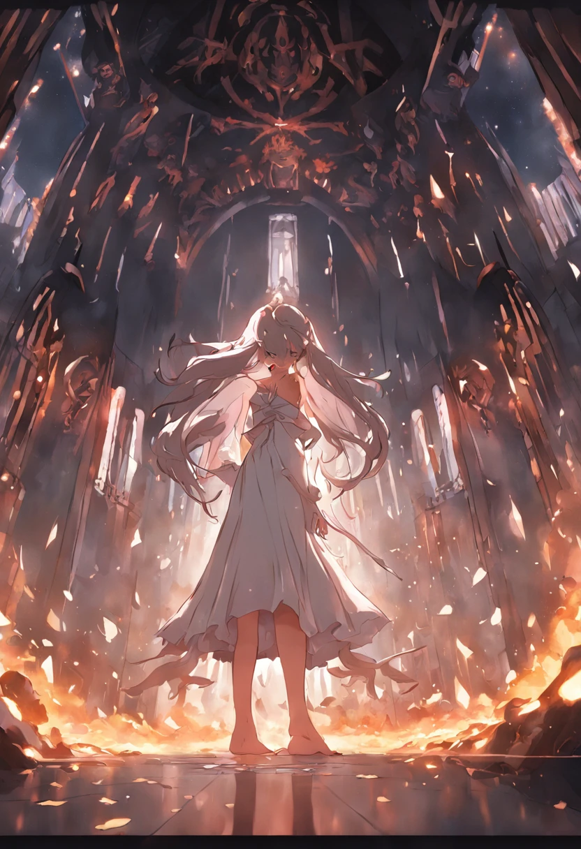 ((melhor qualidade)), ((piece of master)), ((rosto perfeito)), uma  inocente com cabelo preto, wearing flawless white dress, ajoelhado em frente a uma mesa mais baixa, segurando uma vela, Doing a Satanic Ritual, luzes de arrefecimento, um monstro nas sombras da sala