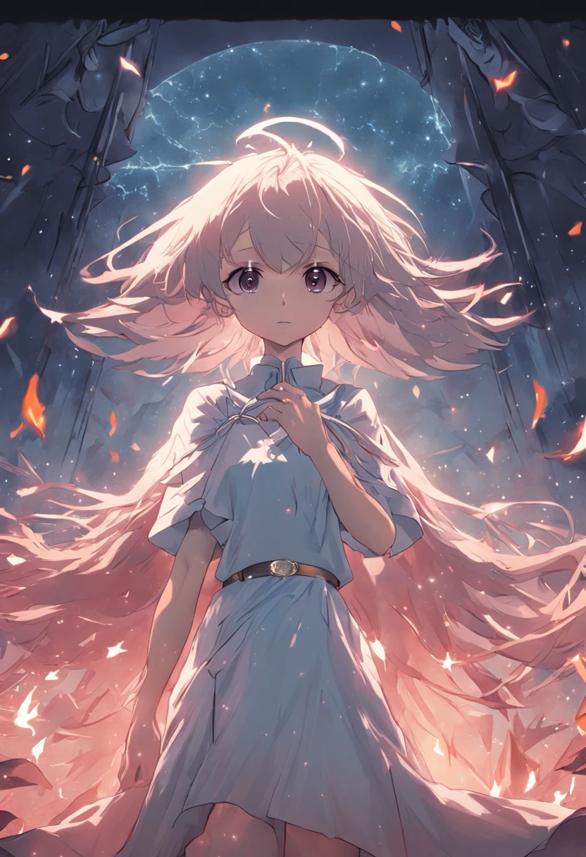 ((melhor qualidade)), ((piece of master)), ((rosto perfeito)), uma menina inocente com cabelo preto, wearing flawless white dress, ajoelhado em frente a uma mesa mais baixa, segurando uma vela, Doing a Satanic Ritual, luzes de arrefecimento, um monstro nas sombras da sala
