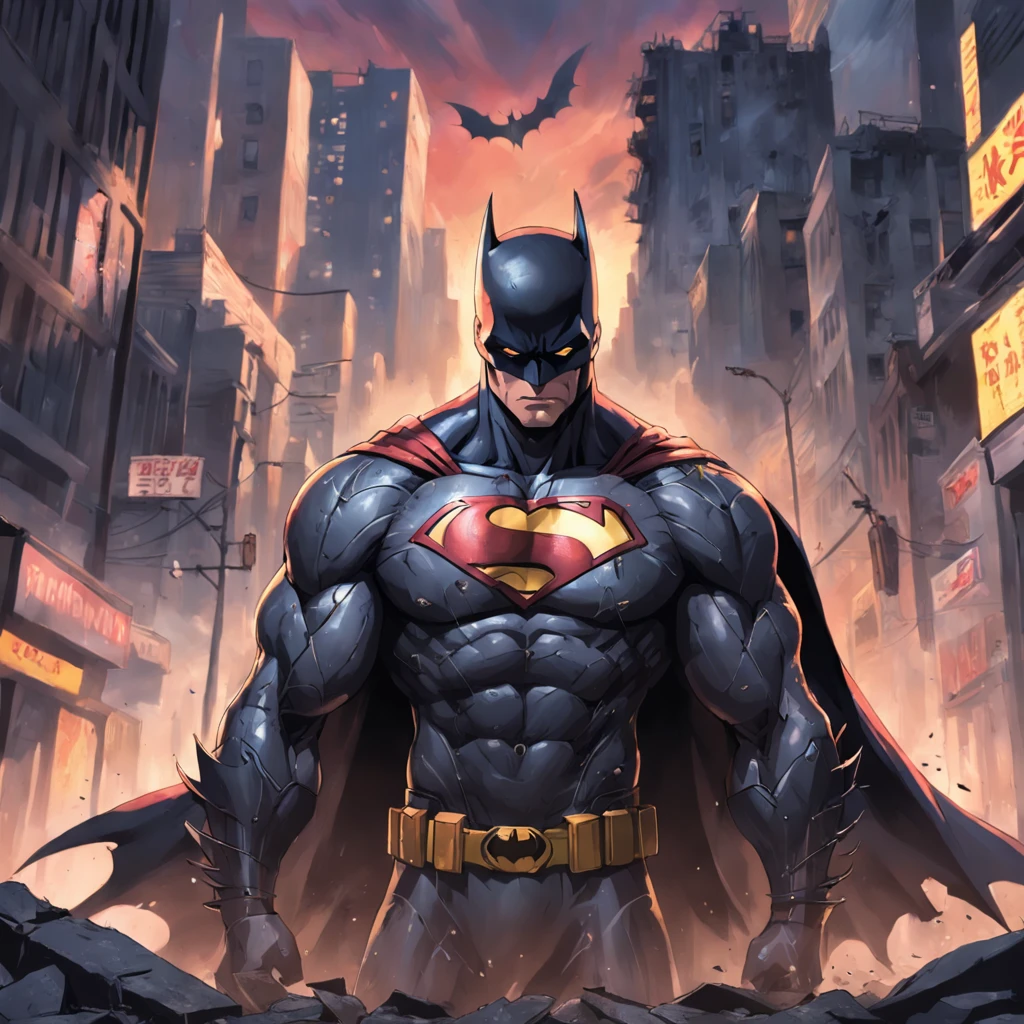 a perfect art of Batman standing on an old, dark street, expression serious, well-defined muscles, Sombra realista, incredible details, perfect hands, Stormy sky in the background, Lying on the ground is Superman's well-destroyed suit.