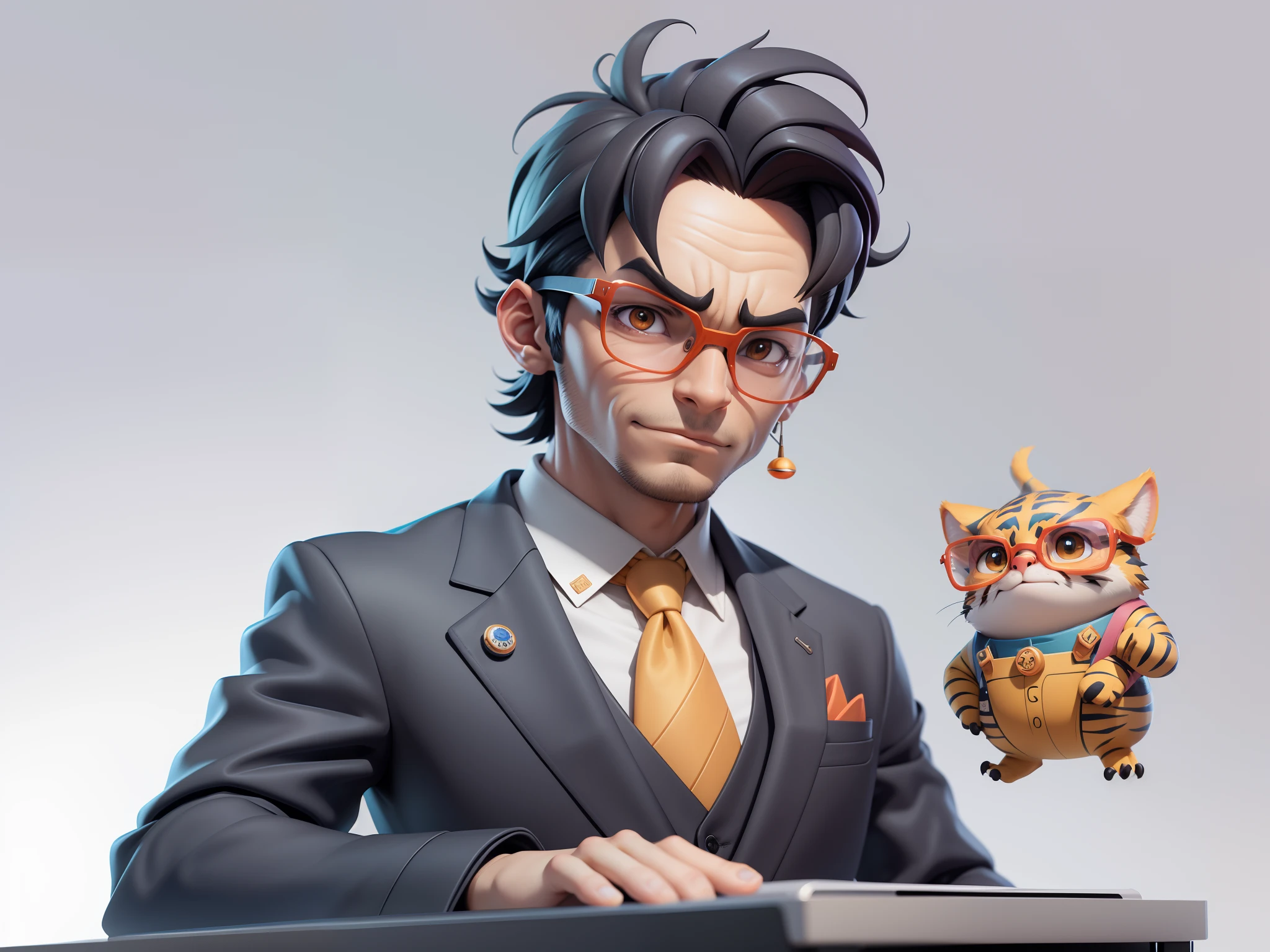 A young man in a suit, Short hair and glasses sat at his desk，holding laptop，digitial painting，tigre，3D character design by Mark Clairen and Pixar and Hayao Miyazaki and Akira Toriyama，4K HD illustration，Very detailed facial features and cartoon-style visuals。