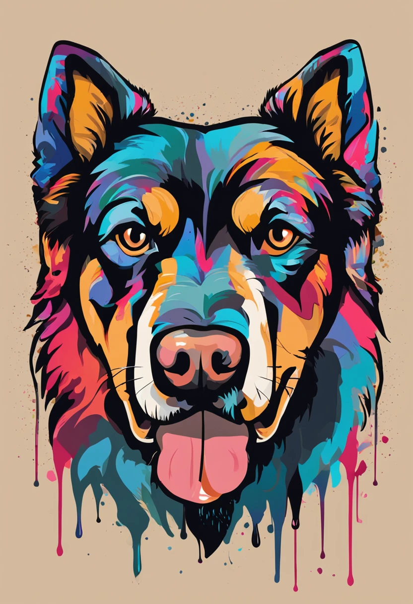 logotipo colorido, Minimalist vector art logo illustration of a rottweiler head, usando um fone de ouvido, orelhas para baixo, Frontal, Magic, Crisp design, liso, Monochrome Color, magia escura colorido pintura splash, design de camisetas, no estilo do Studio Ghibli, O design deve ser em arte vetorial, Introducing the Dog. Use Adobe Illustrator to create the logo with sharp lines and a simple look, mas cativante. Keep the design centered on the dog's eyes, capturando sua singularidade e charme. The logo should evoke a sense of sophistication and tranquility. Enfatize um estilo low-poly para adicionar um toque de exclusividade aos bigodes. The overall aesthetic should be elegant and elegant, tornando-o adequado para fins de marca e logotipo, fundo preto, ((symmetr))