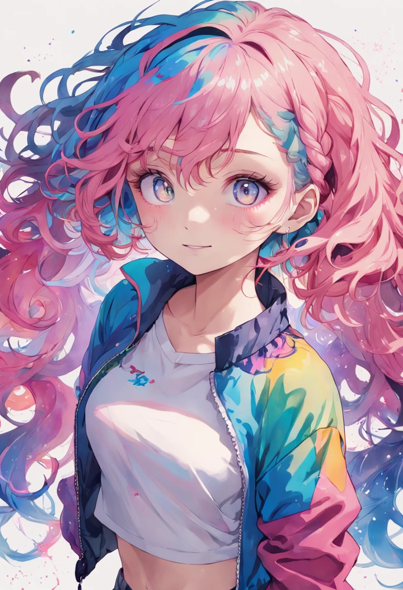 jaket、Shirt、a miniskirt、neck tie、tits out、Futomo、Eye Highlights、Sleeved、Sleeveless、(​masterpiece、top-quality、top-quality、watercolor paiting(Curly)、Beautifully Aesthetic:1.2)、(1girl in:1.3)、(Fractal Art:1.3)、looking at the viewers、patterns、(rainbow-colored hair、colourful hair、Half blue and half pink hair:1.2)、Eau、liquids、云、colourfull、A smile、a smile、