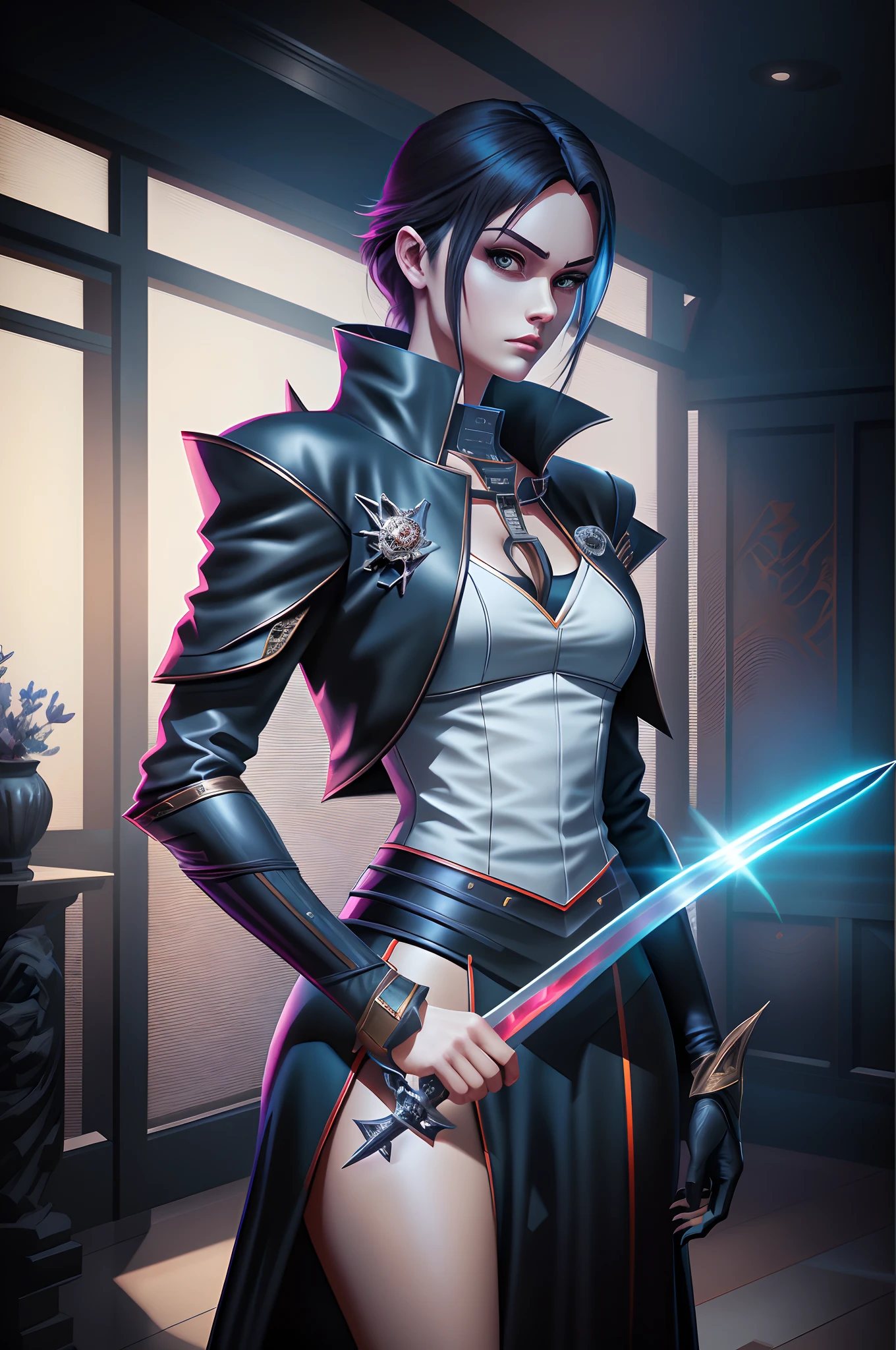 Anime - Stylistic image of a woman in a black leather suit holding a sword, style of raymond swanland, epic exquisite  character art, she is holding a sword, Stunning character art, Kushatt Krenz Key Art Women, Katana Zero video game character, epic digital art illustration, Art germ. anime illustration, holding a sword on her shoulder