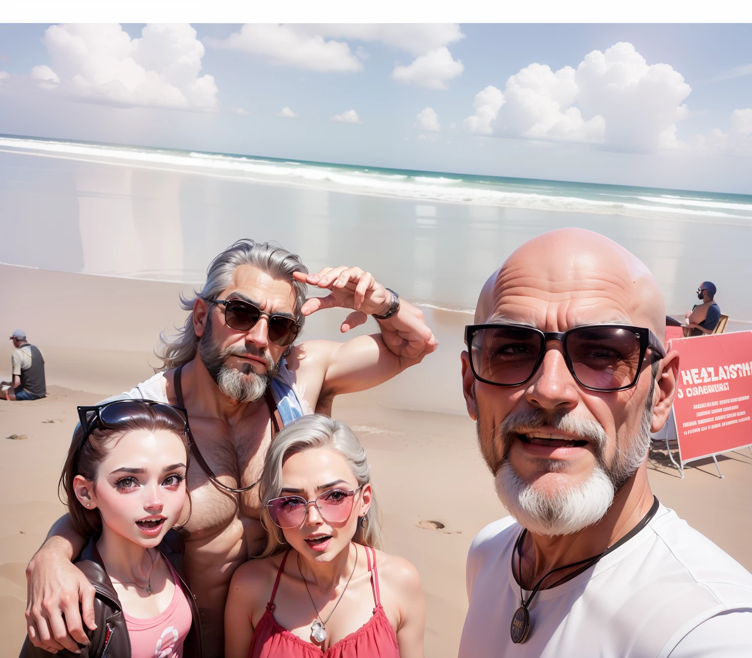 (melhor qualidade:1.5, Estilo Disney 3D) There's a wrinkle-free man with a beard and sunglasses posing for a photo. He has a bald head and a white beard.