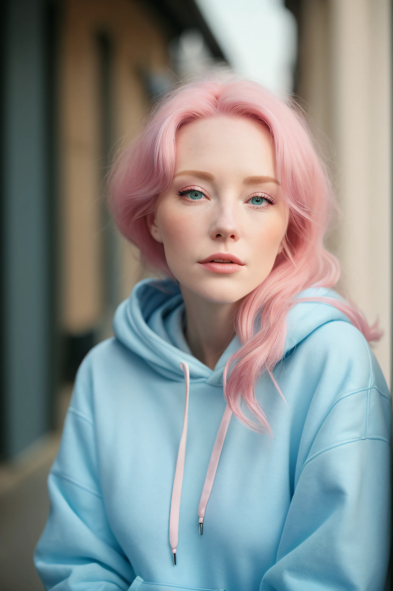 (close-up editorial photo of 20 yo woman, wearing hoodie, looking at viewer, pink hair, solo, tattoo on face, upper body, detailed background, town, alley) (standing:1.2) (dim lit room:1.4)  POV, by lee jeffries, nikon d850, film stock photograph ,4 kodak portra 400 ,camera f1.6 lens ,rich colors ,hyper realistic ,lifelike texture, dramatic lighting , cinestill 800,