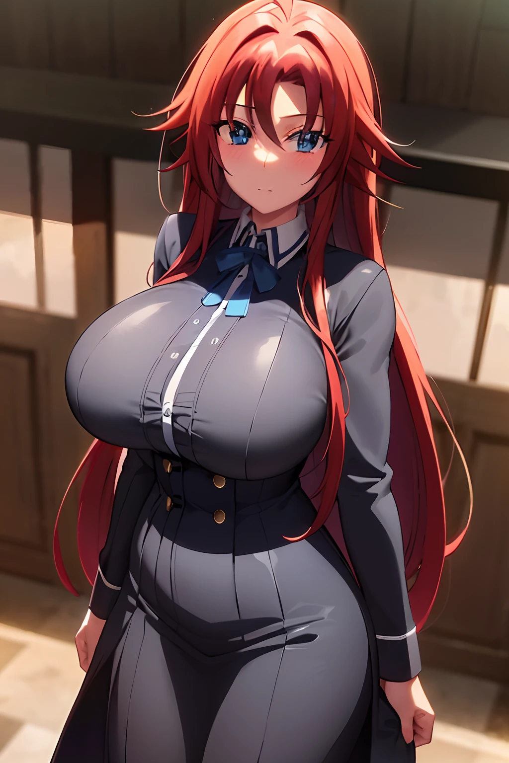 masterpiece, best quality, 1girl, long hair, looking at viewer, :3, cute, black school uniform, outdoors, streets, cowboy shot, large breasts, curvy, (((blue eyes))),  rias gremory, red hair, antenna hair,  wavy hair, ((beautiful detailed eyes, beautiful detailed glow, lots of glow)), anime screencap,