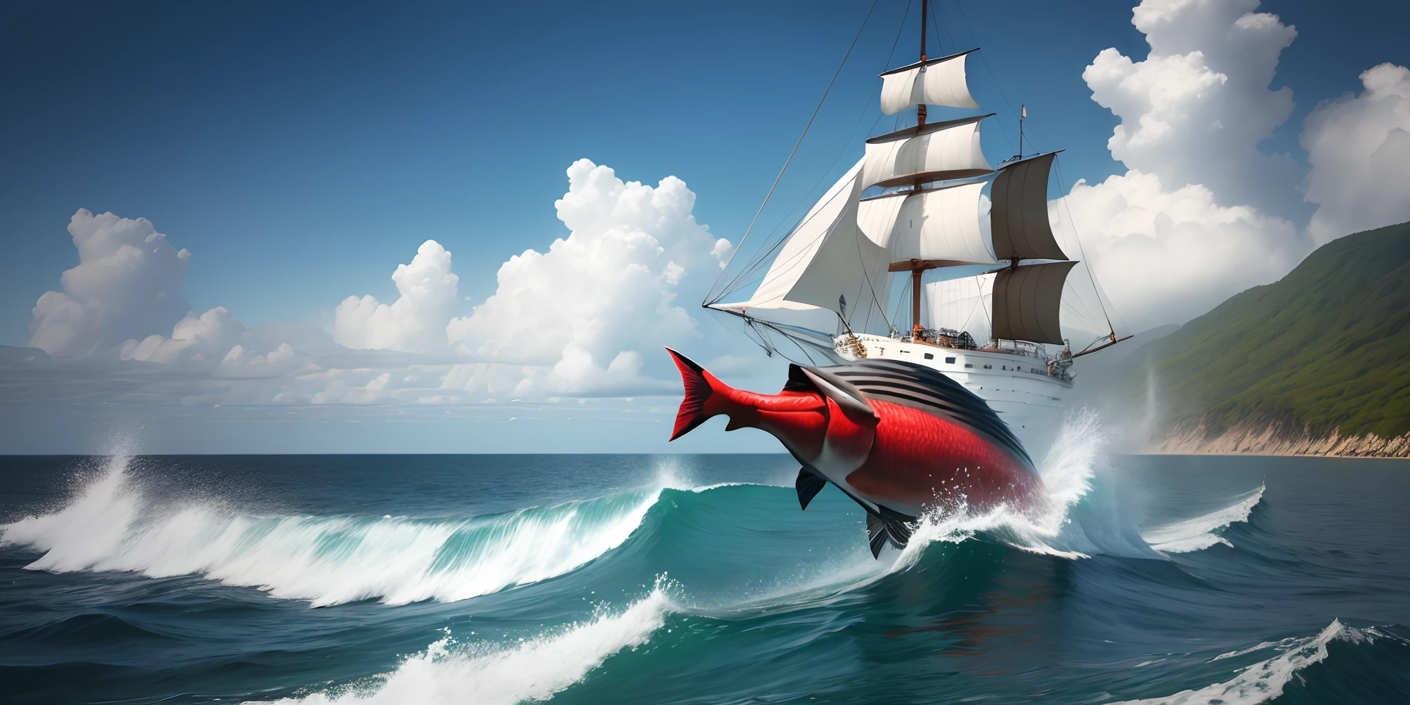 ultra-realistic realism，Riding fish at sea，Small island，Contemporary art