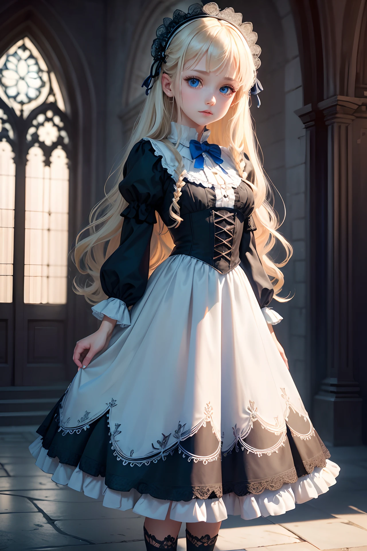 {best quality}, {{masterpiece}}, {highres}, extremely detailed CG, extremely detailed 8K wallpaper, extremely detailed character, {an extremely delicate and beautiful}, portrait, illustration, solo focus, straight-on, dramatic angle, depthoffield, {{cinematiclighting}}, outdoors, {{{character({{{a girl}}}, solo, loli, {{{{full body}}}}, standing, expressionless, [[[light smile]]], cute, beautiful detailed eyes, blue eyes, [long legs], {very_long_hair}, blonde hair, wavy_hair, [shiny hair], {{Gothic_Lolita}}, blue_white skirt, {{short skirt}}, black_Headdress, bowknot, {{{hair ornament}}}, [hair flower], stocking, [[Garter]], Lace, cross-laced footwear, ribbon-trimmed sleeves)}}}, [background(building architecture, {{gothic architecture}}, starry sky, outdoors, church, {castle}, [[fantasy]])] --auto