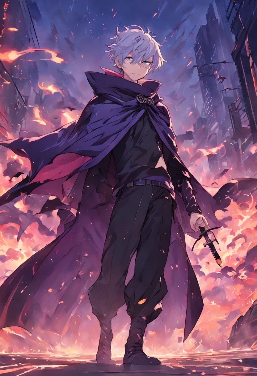 a guy named Ying, a Chinese, behind him is a city ravaged by smoke and fire, anime character with a purple cape and a black cape on, badass anime 8 k, trigger anime artstyle, tall anime guy with blue eyes, he wears two bags of arrows on his back, detailed key anime art, advanced digital anime art ”, with index finger, key anime art, ufotable art style, shirow masamune, shigenori soejima illustration, epic anime style, detailed digital anime art, he rides a two-horned black dragon