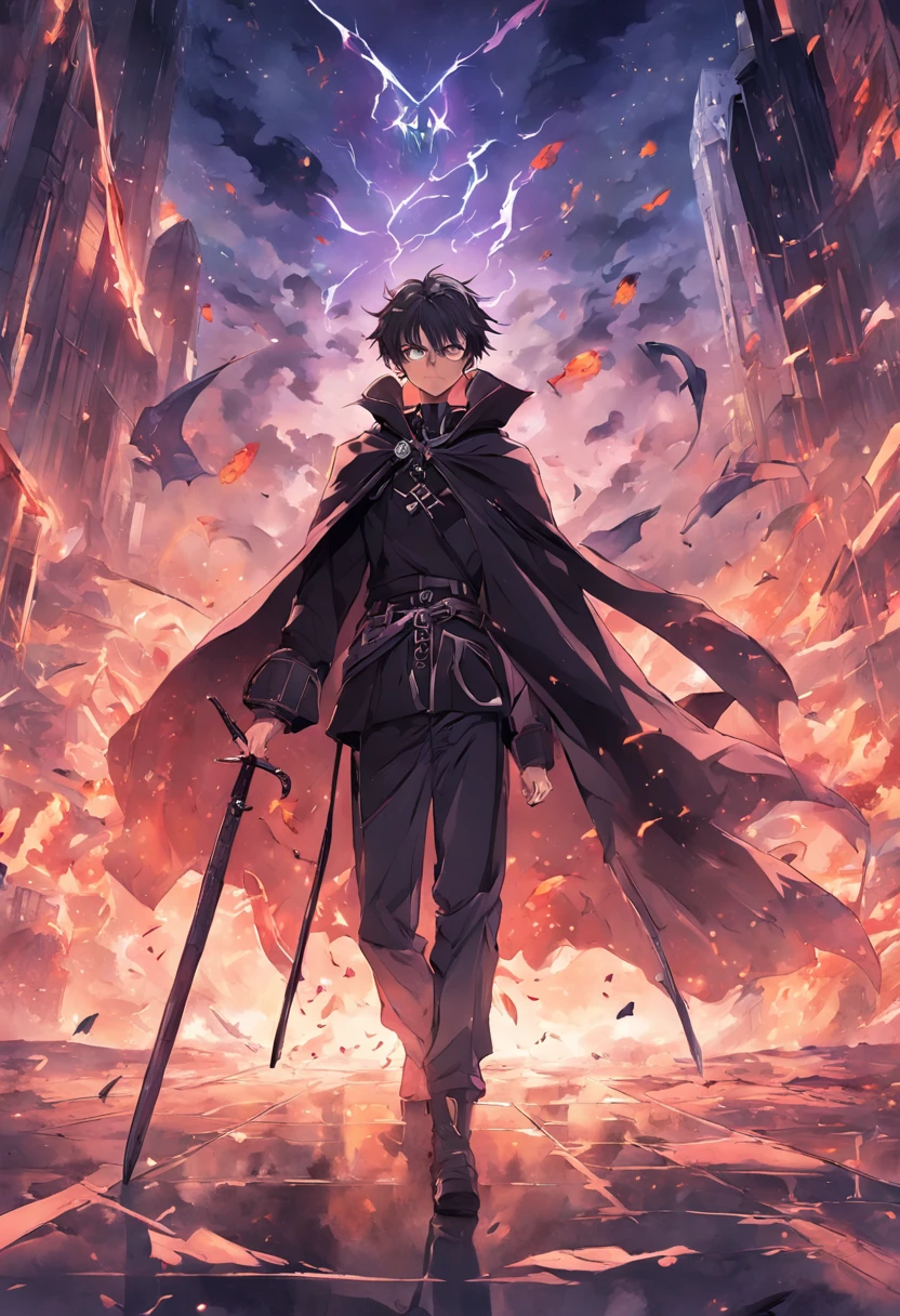 a guy named Ying, a Chinese, behind him is a city ravaged by smoke and fire, anime character with a purple cape and a black cape on, badass anime 8 k, trigger anime artstyle, tall anime guy with blue eyes, he wears two bags of arrows on his back, detailed key anime art, advanced digital anime art ”, with index finger, key anime art, ufotable art style, shirow masamune, shigenori soejima illustration, epic anime style, detailed digital anime art, he rides a two-horned black dragon