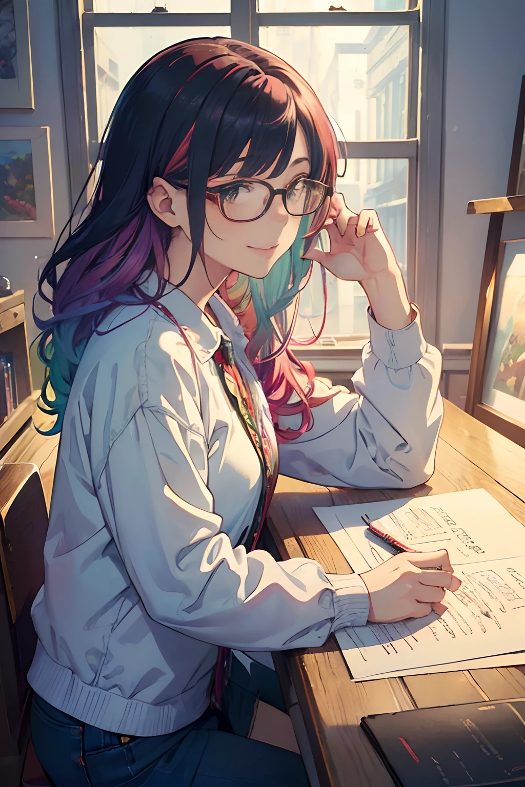 (masterpiece, top quality, best quality,official art, beautiful and aesthetic:1.2),(1girl:1.3),patterns,(rainbow color Hair,colorful hair), background with red roses, wear glasses, smile, writer, paper, pen, modern clothes, writer, writing, cool, thinking, poem, upper body, from side, table