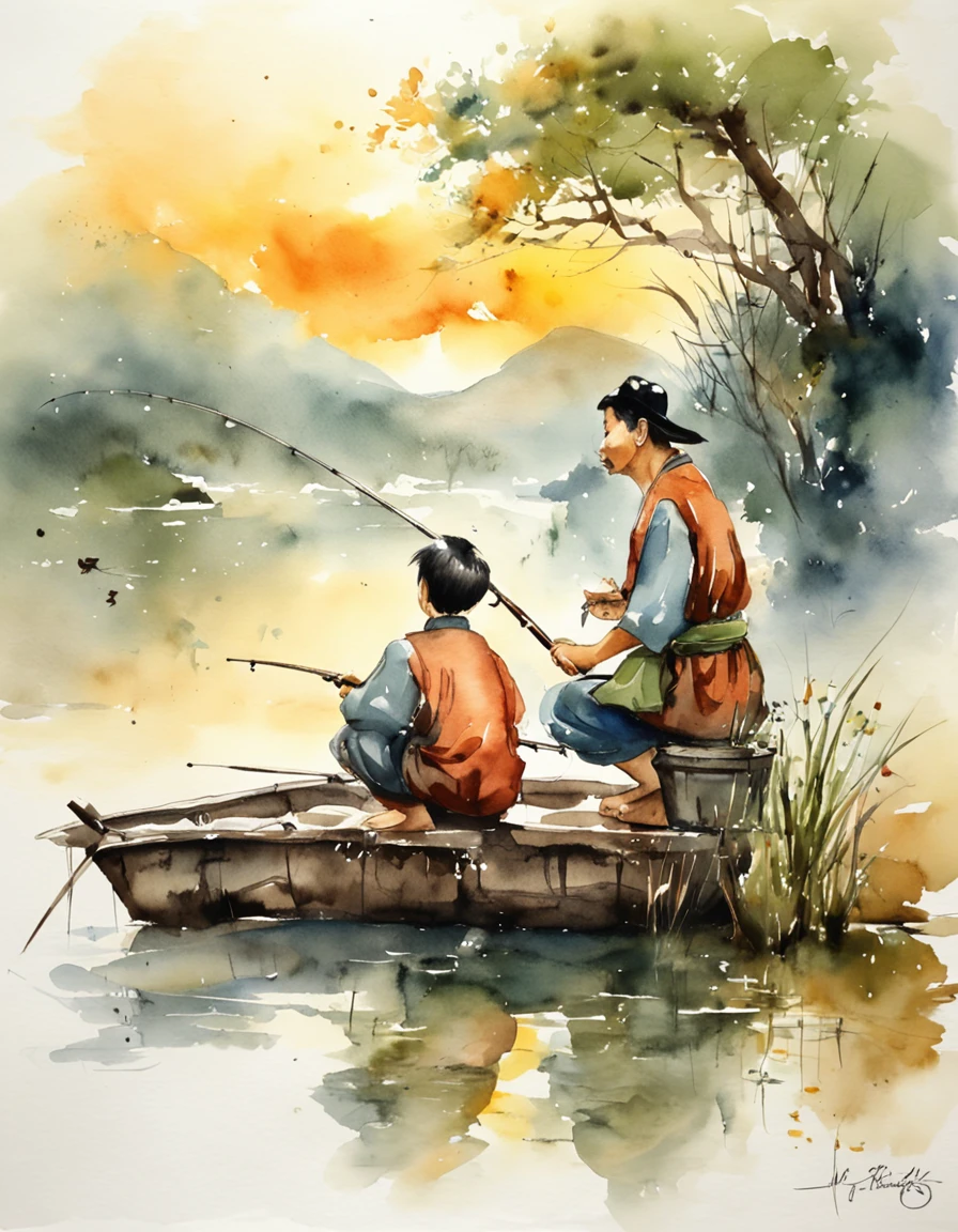 a father and son fishing, Chinese ink brush