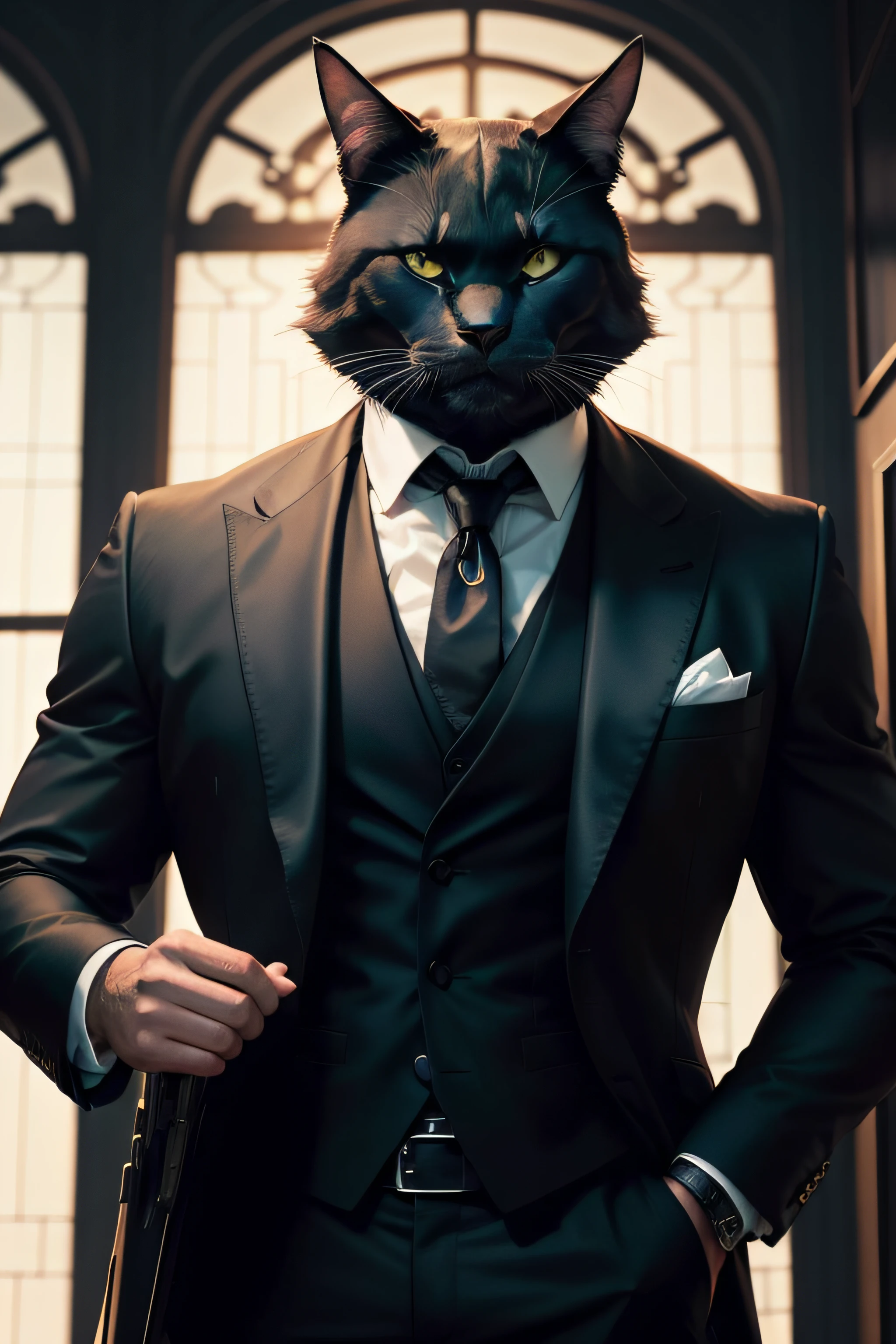"Por favor, crie uma imagem no estilo John Wick, retratando um gato bombado humanoido usando um terno elegante. Imagine a cat with an imposing muscular structure and humanoid features, as anthropomorphic arms and legs. Inspirado pelo universo de John Wick, The cat should convey an aura of lethal elegance. He's dressed in a tailored suit, complete with a bow tie and a pocket handkerchief. The surrounding scenery should evoke the atmosphere of the films, with dramatic lighting and a sense of mystery. The bomb humanoid cat maintains a confident and determined expression while displaying its formidable strength.. Certifique-se de incorporar detalhes minuciosos tanto no gato quanto em seu traje, emphasizing the sophistication and formidable energy reminiscent of legendary assassin John Wick."