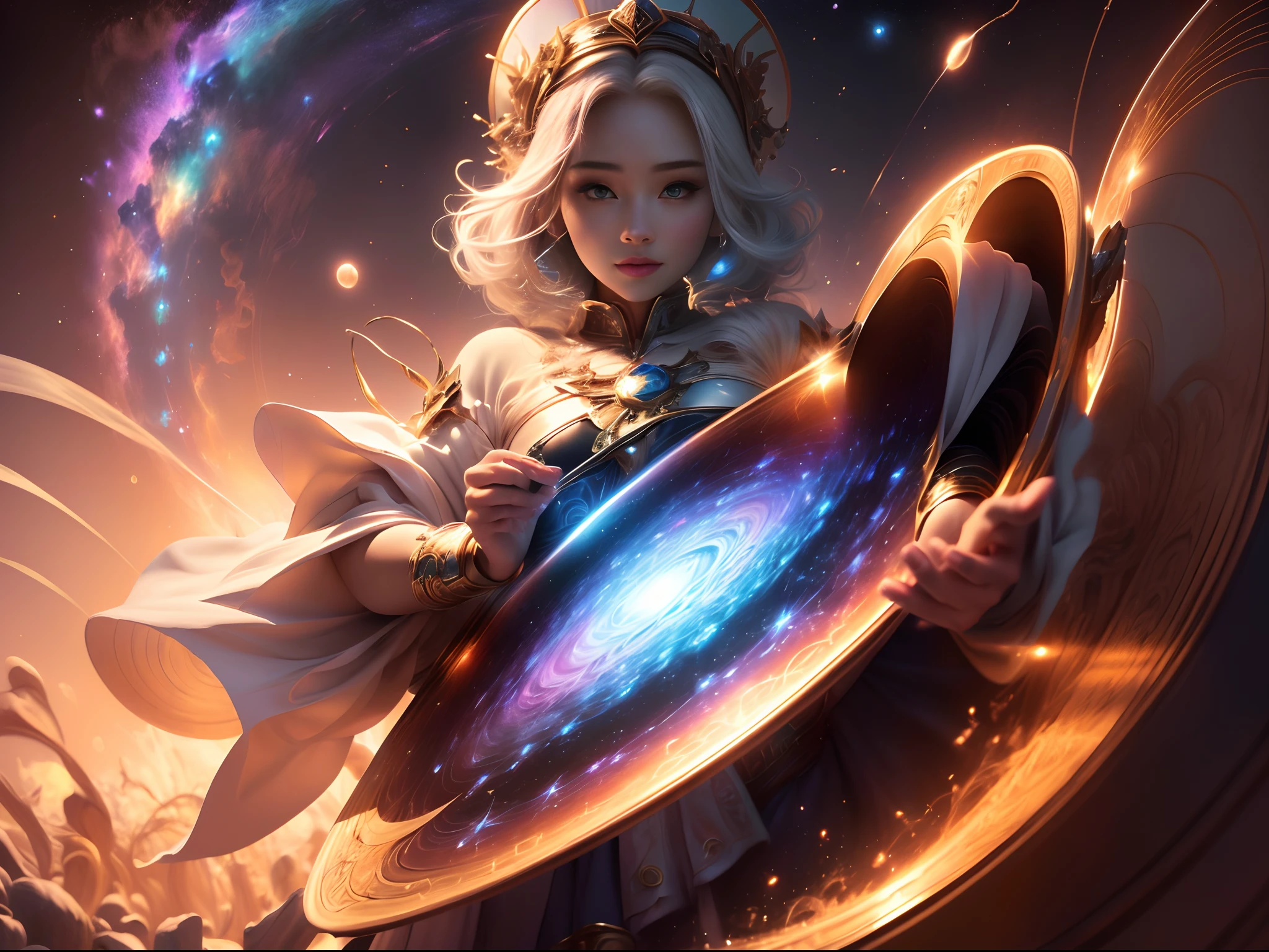 Anime woman holding a shield with a galaxy in the background, Mago Celestial Lindo, goddess of galaxies, cabelos longos brancos, anime fantasy illustration, Artgerm JSC, Artgerm Julie Bell Beeple, Arte WLOP, arte de fantasia de anime, Ross Tran 8 K, goddess of space and time, 8k arte impressionante, 2. 5 d cgi anime fantasia arte | | |