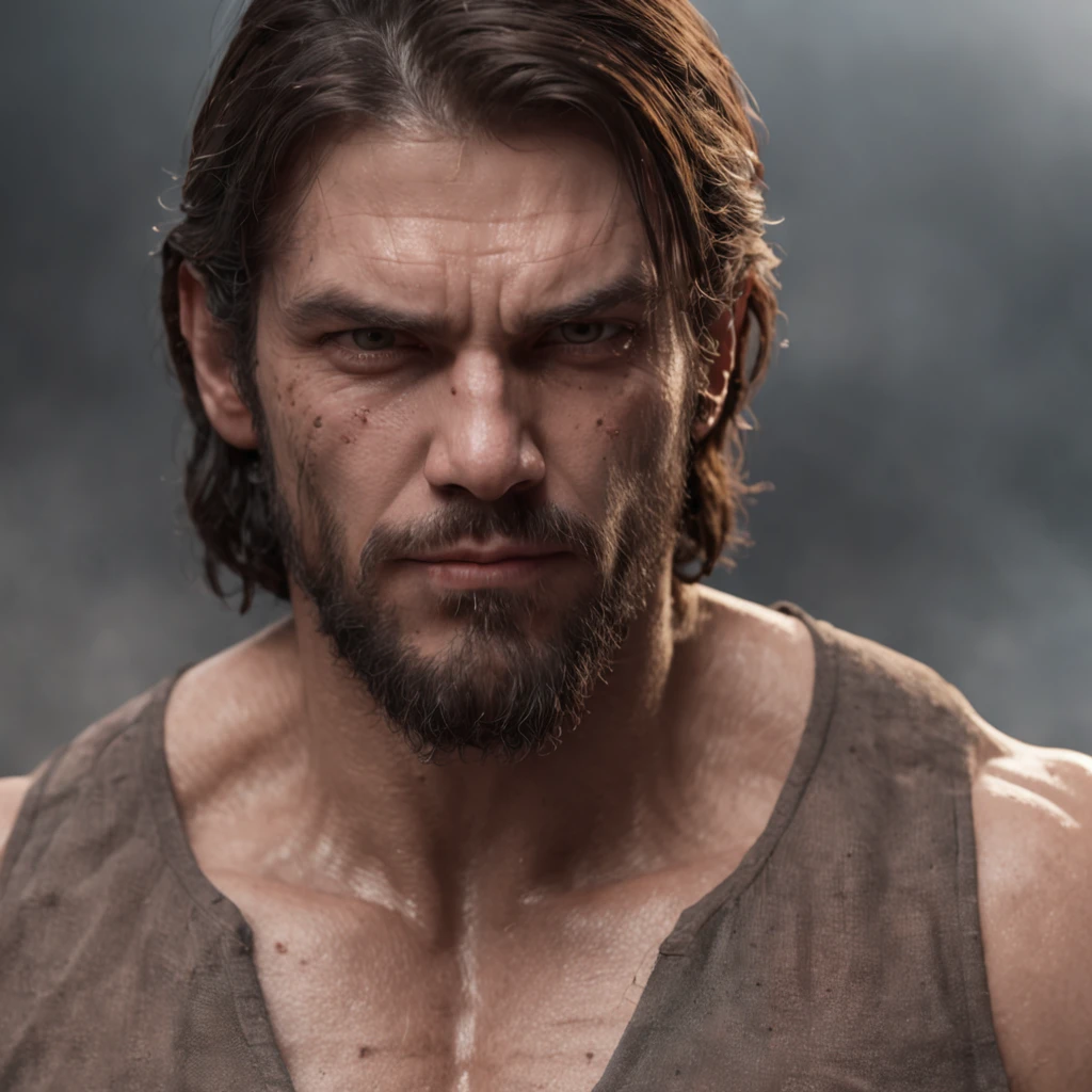 (Professional 3D rendering:1.3) de (Realistic:1.3) Foto de arte mais bonita do mundo，Features soft, bright male heroes, ((Epic hero fantasy rough muscular man wet hero angry look long hair short beard and fierce expression in dynamic pose, fantastic location, majestoso ambiente desordenado)), corpo inteiro 8k unidade render, action shot, poros da pele, very dark lighting, sombreamento pesado, circunstanciado, Rosto detalhado, (vibrante, fotogrdeia realista, Realistic, Dramatic, Escuro, foco nítido, 8k), (Old leather clothes damaged by bad weather:1.4), ((((Use peles)))), (intrincado:1.4), decadente, (altamente detalhado:1.4), pintura digital, rendering by octane, art stations, Conceito-Arte, liso, foco nítido, illustration, germe da arte, (Loish:0.23), Wlop Ilya Kuvshinov, e Greg Rutkowski e Alphonse Mucha Gracias, (global ilumination, studiolight, Light Volumetric), chuva forte, floating particles, patife, fantasia, Onze, corpo inteiroesbian, ((Fundo escuro e antigo da cidade:1.3)),CGSesociedade,art stations