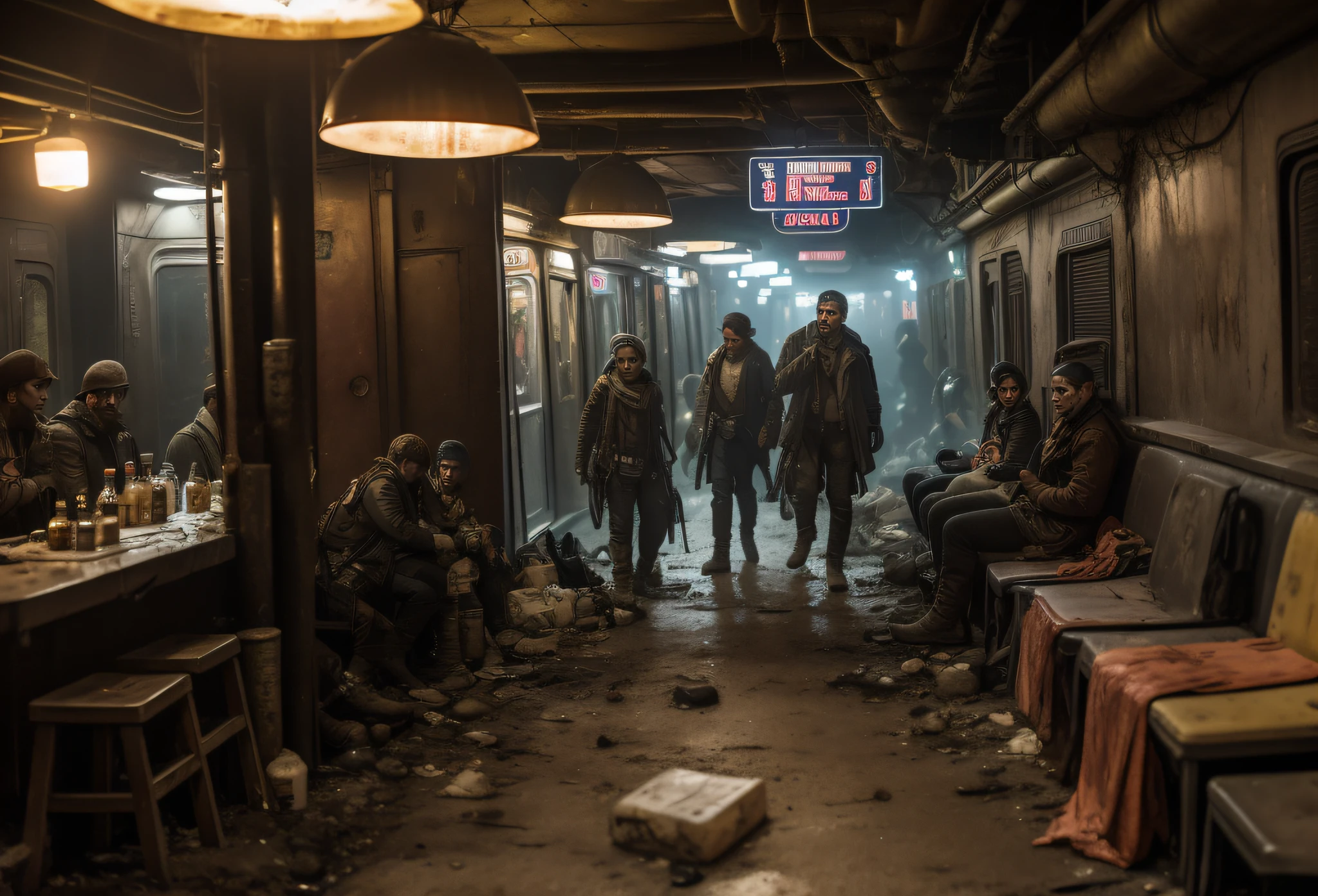 Dimly lit underground market, subways ,Riman,post apocalyptic style, undercity, refuge,Good facial features,Meticulous facial details,speakeasy,bonfires, Scavengers, clutter,Lounge area, postapocalyptic, post apocalyptic atmosphere, wounded soldiers, ultra HD picture quality, 8K,Movie lighting