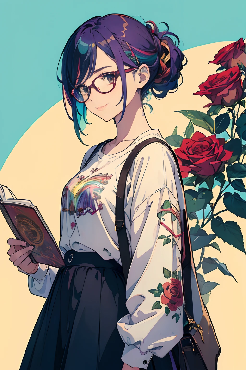 (masterpiece, top quality, best quality,official art, beautiful and aesthetic:1.2),(1girl:1.3),patterns,(rainbow color Hair,colorful hair), background with red roses, wear glasses, smile, writer, paper, pen, modern clothes, writer, writing, cool, thinking, poem, upper body, from side
