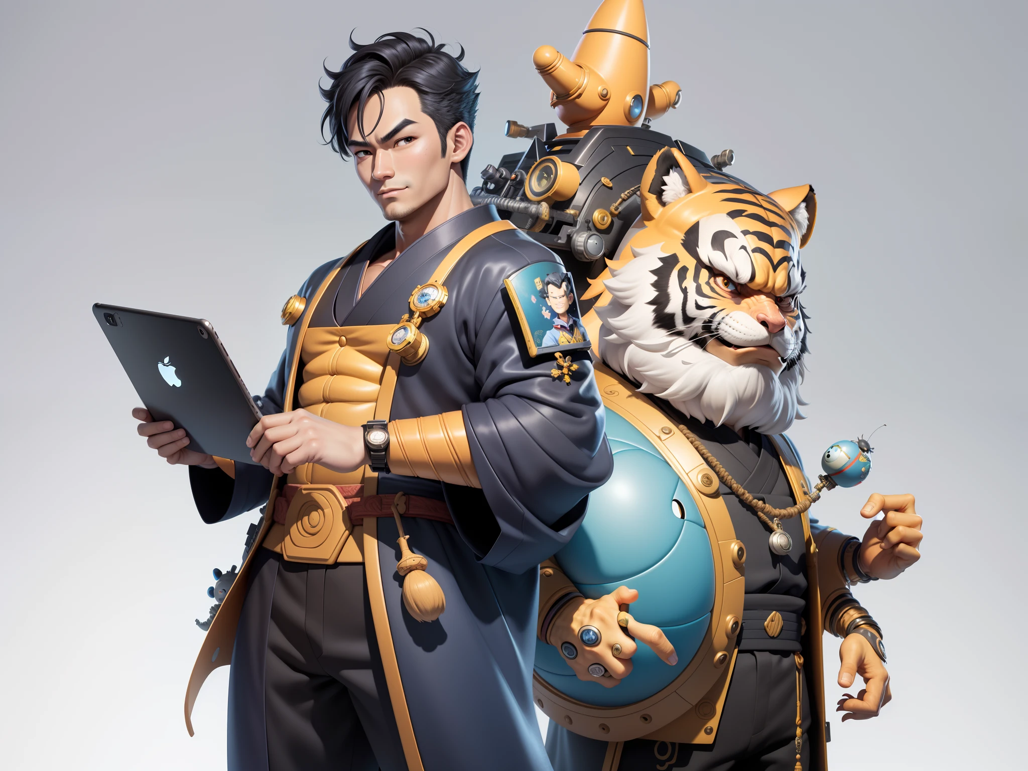 (Masterpiece), (Excellent), (Super Meticulous), (Full Body: 1.2), Super Young Man, Oriental Face, Japanese Kimono, Japanese Wind Thunder God, Dragon, Tiger, TV Anchor, Bust Portrait Illustration, Alone, Black Suit, Blue Tie, Slightly Chubby Face, Very Clean Face, No Beard, Black Super Short Hair, Black Eyes, Confident Smile, 3c Computer Sub-Products, iPad, iPhone, Digital Painting, 3D Character Design by Akira Toriyama and Mark Claireden and Pixar and Hayao Miyazaki, The illustration is a high-definition illustration in 4K resolution with very detailed facial features and cartoon-style visuals.
