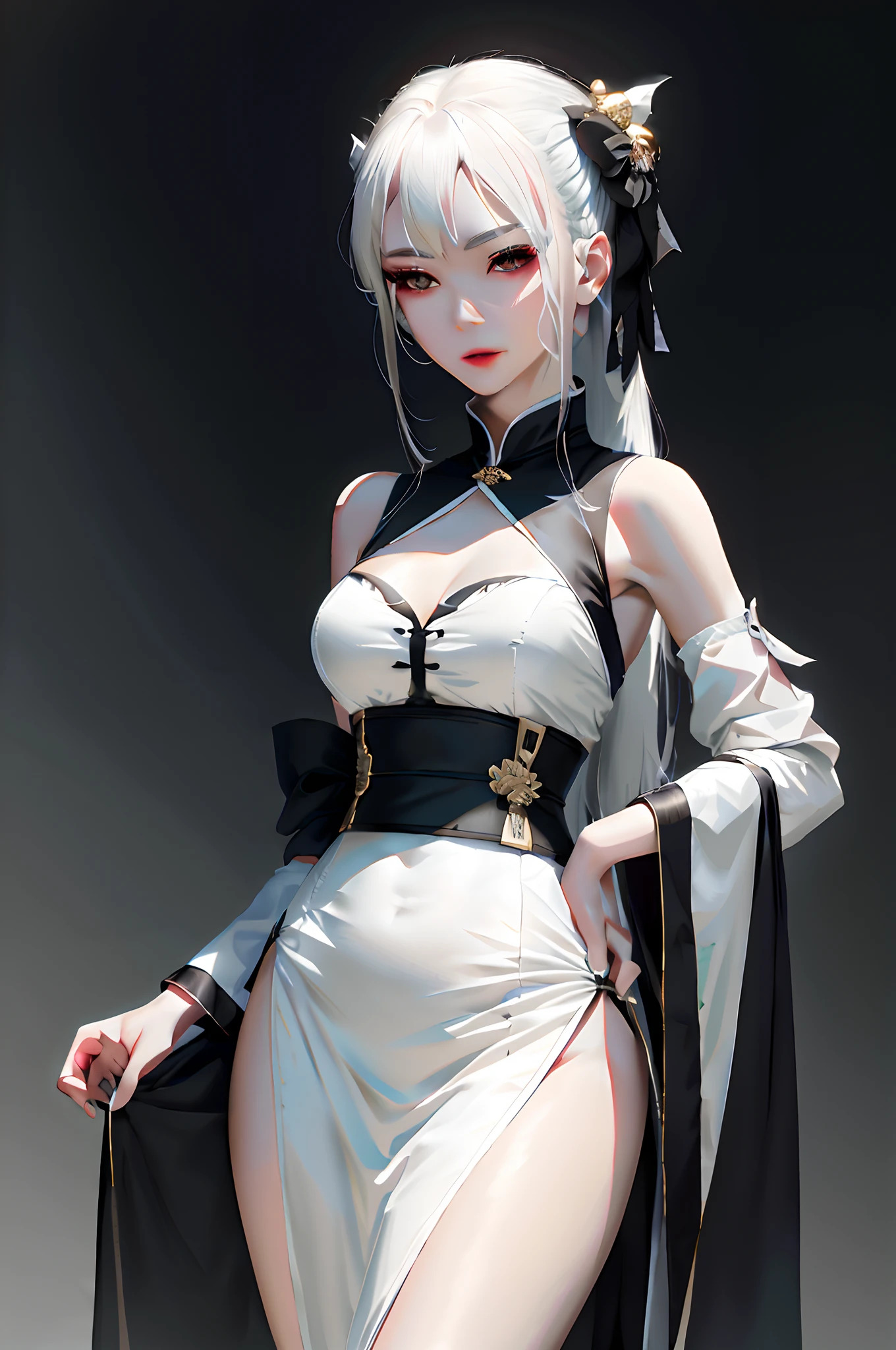 White-haired woman,Hand-held Japan sword,Black and white skinny Hanfu top,The chest is slightly straight,The body is slender, the demon is glamorous, and the soul is hooked,