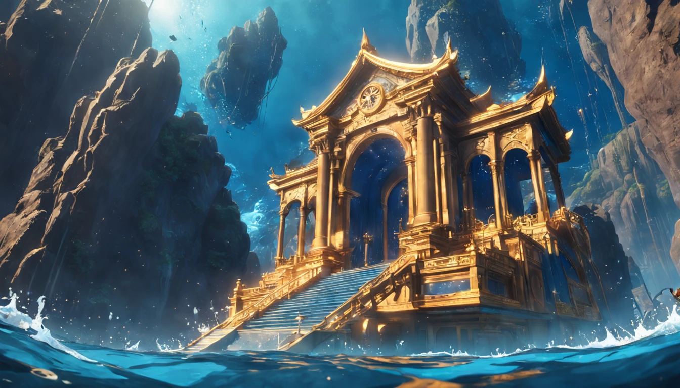Lost Atlantis under the sea made out of gold and cupper, shot from outside the water, long shot, rendered in unreal engine 5, realistic, high detailed, ultra quality, no human, no trees, no plants, no sun shine