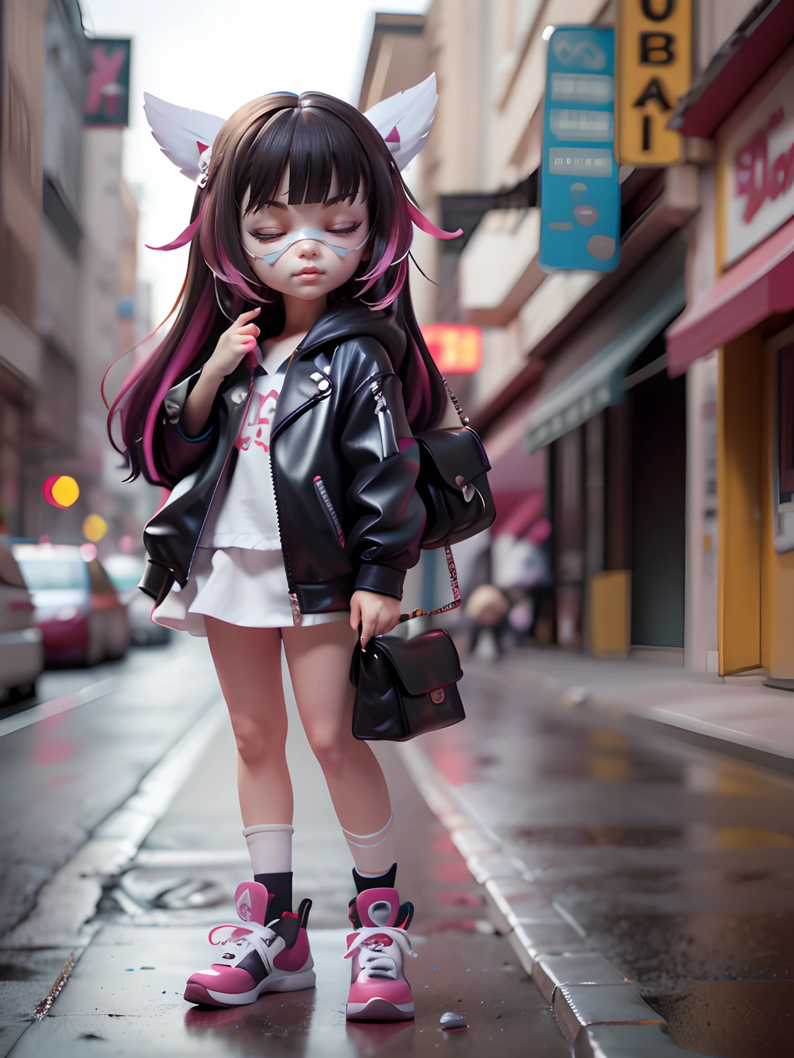 Columbina, closed eyes, 3d toy, 3d rendering, ip, cyberpunk style, chibi, cute ***********, mask, simple background, best quality, c4d, blender, 3D MODEL, TOYS, VIVID COLORS, STREET STYLE, HIGH RESOLUTION, A LOT OF DETAILS, PIXAR, CANDY COLORS, BIG SHOES, FASHION TRENDS, ART