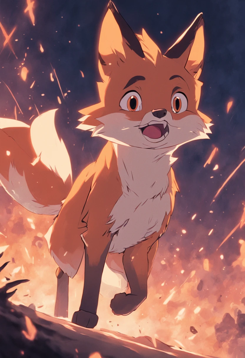 A cartoon fox in a style characteristic of cartoons from the 1930s. The animation is marked by expressive poses, rapid changes of facial expressions and dynamic movements.